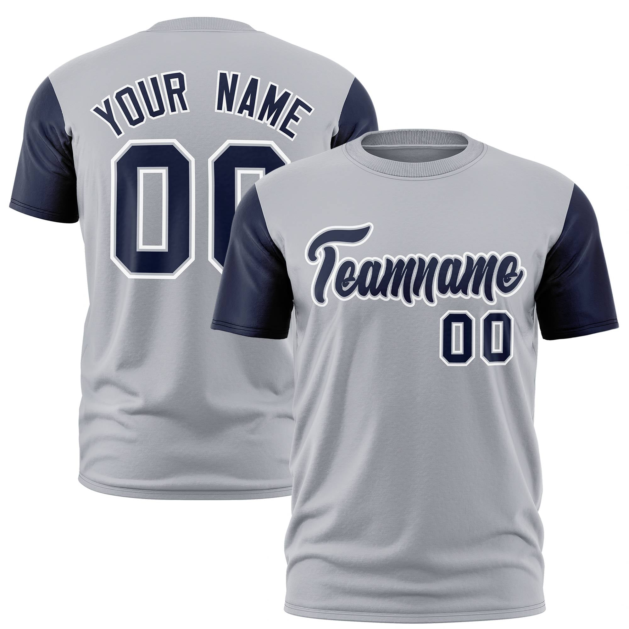 Custom Gray Navy White Crew Neck Personalized Raglan Sleeve Performance T-shirt