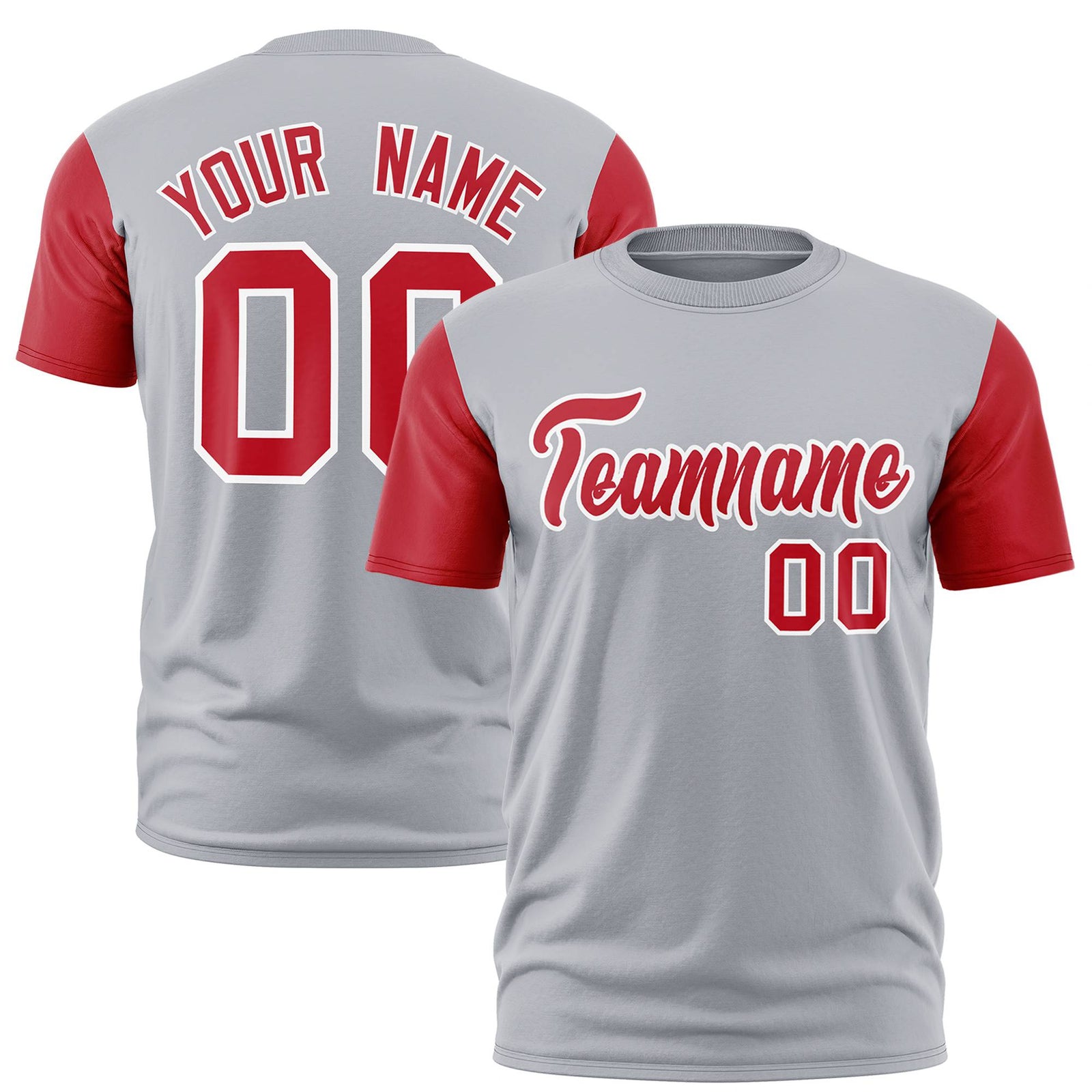Custom Gray Red White Crew Neck Personalized Raglan Sleeve Performance T-shirt