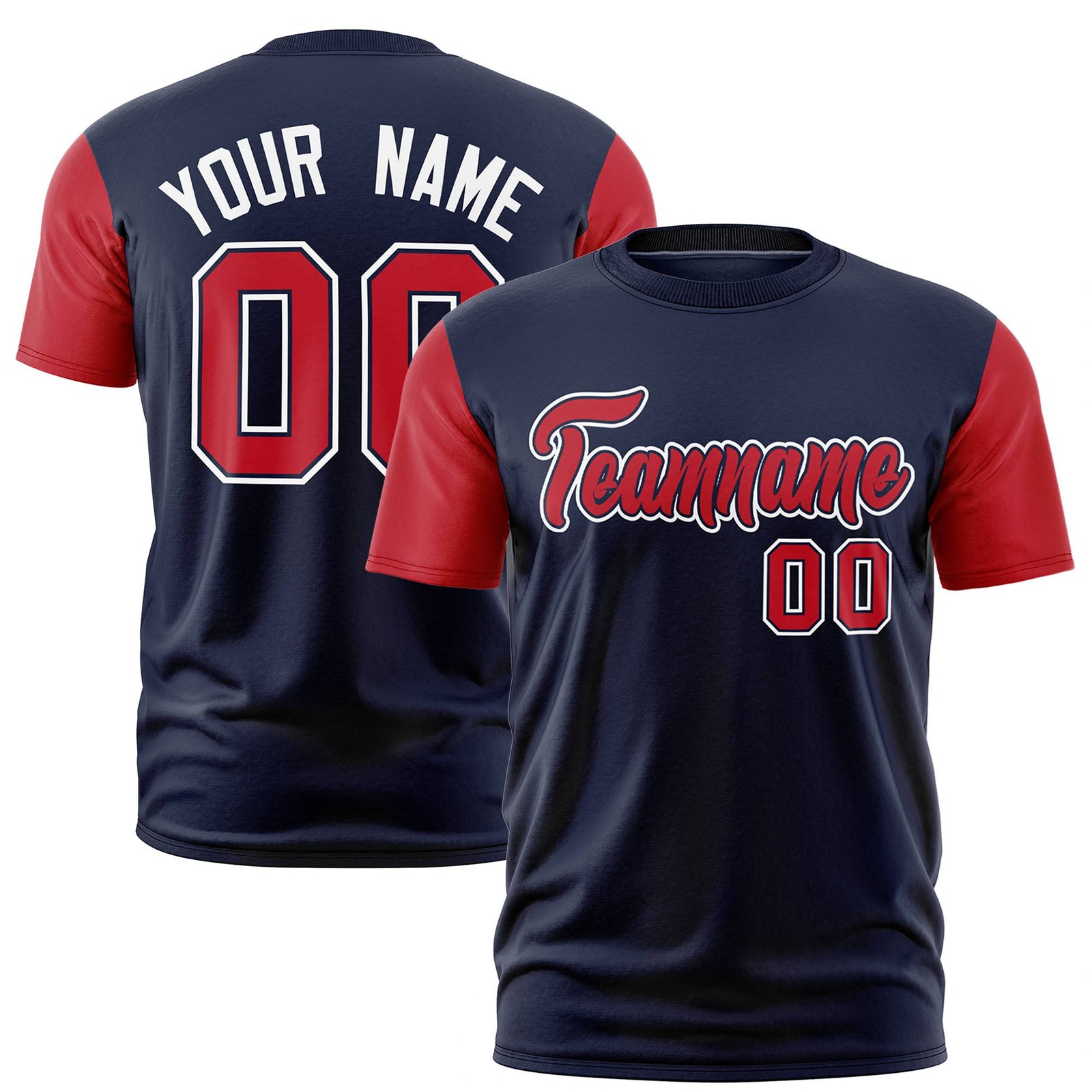 Custom Navy Red White Crew Neck Personalized Raglan Sleeve Performance T-shirt