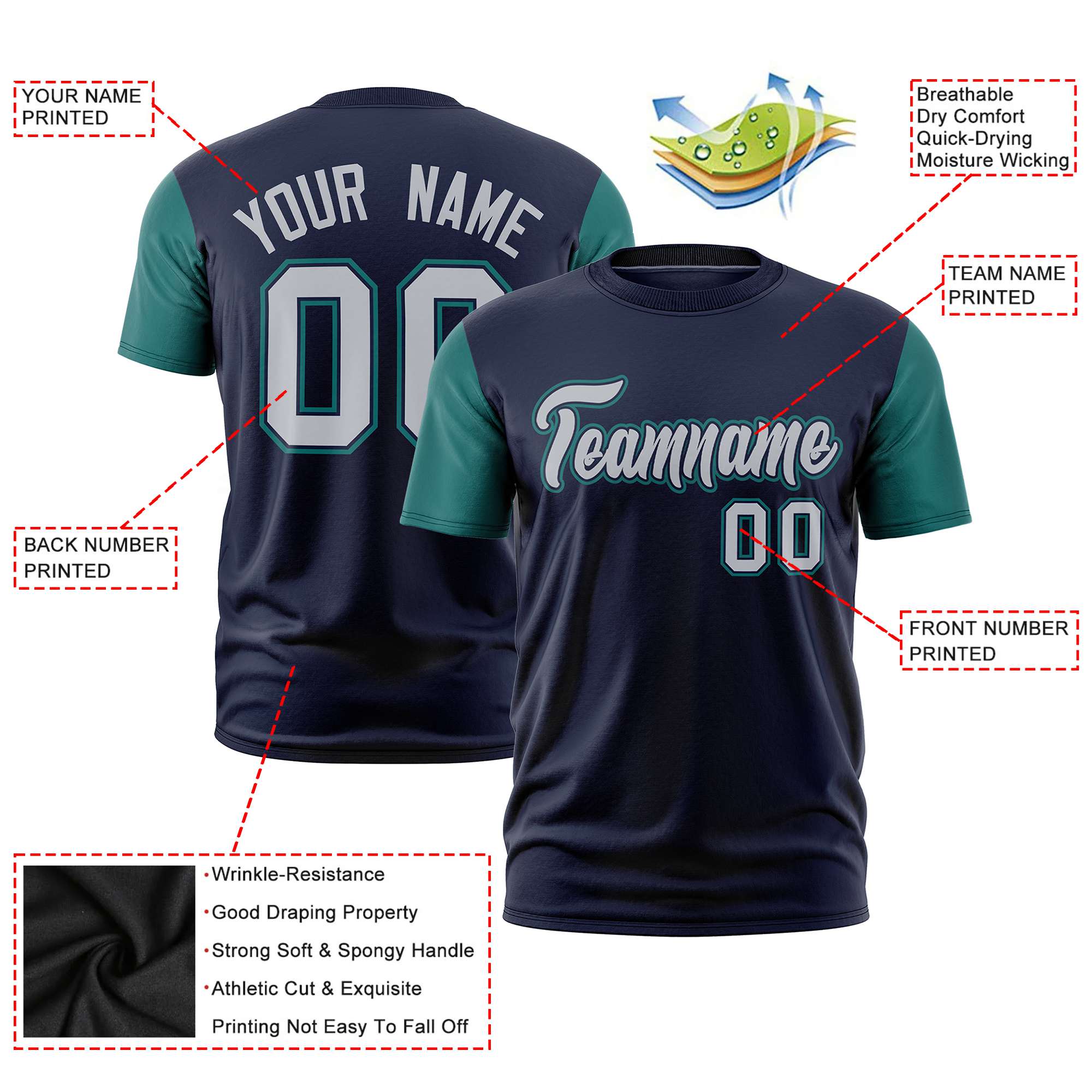 Custom Navy Midnight Green Gray Crew Neck Personalized Raglan Sleeve Performance T-shirt