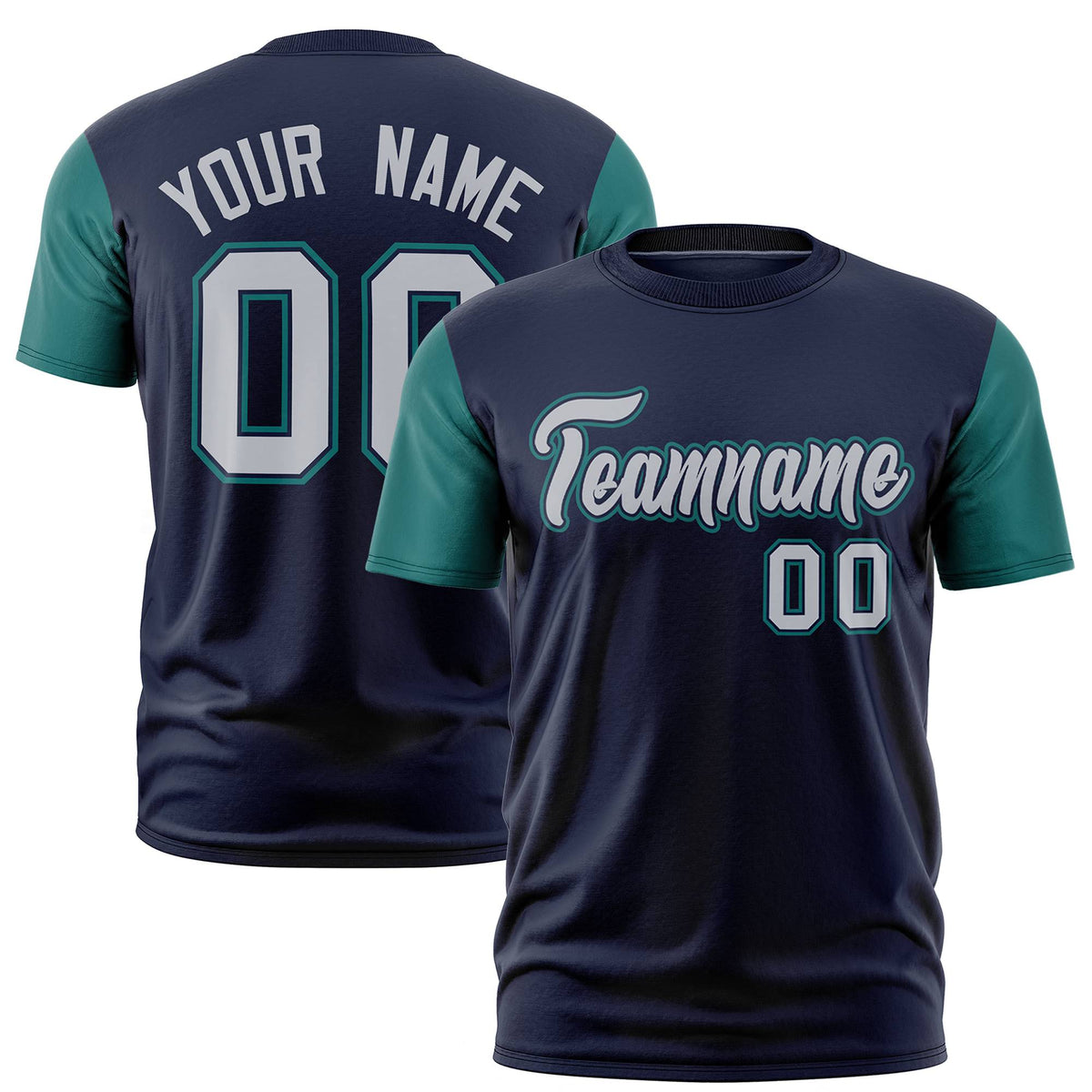 Custom Navy Midnight Green Gray Crew Neck Personalized Raglan Sleeve Performance T-shirt