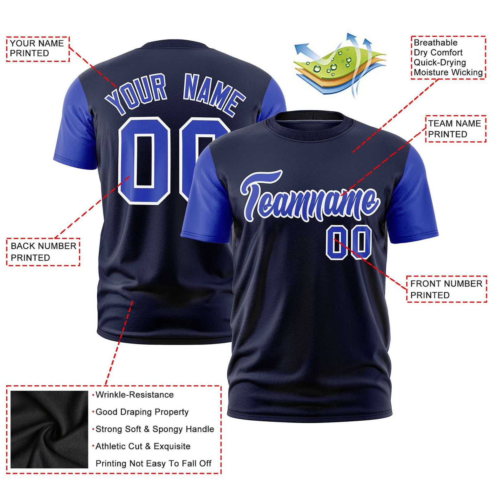 Custom Navy Royal Blue White Crew Neck Personalized Raglan Sleeve Performance T-shirt
