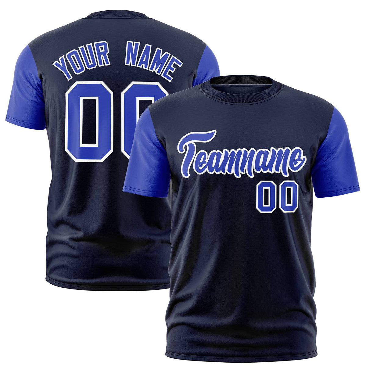 Custom Navy Royal Blue White Crew Neck Personalized Raglan Sleeve Performance T-shirt