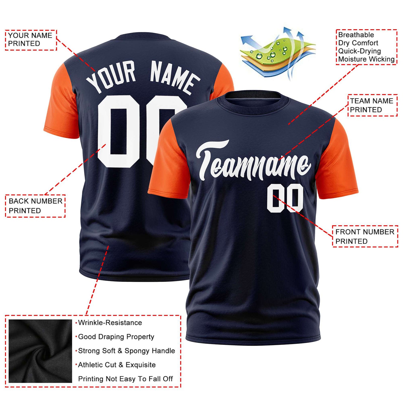 Custom Navy Orange White Crew Neck Personalized Raglan Sleeve Performance T-shirt