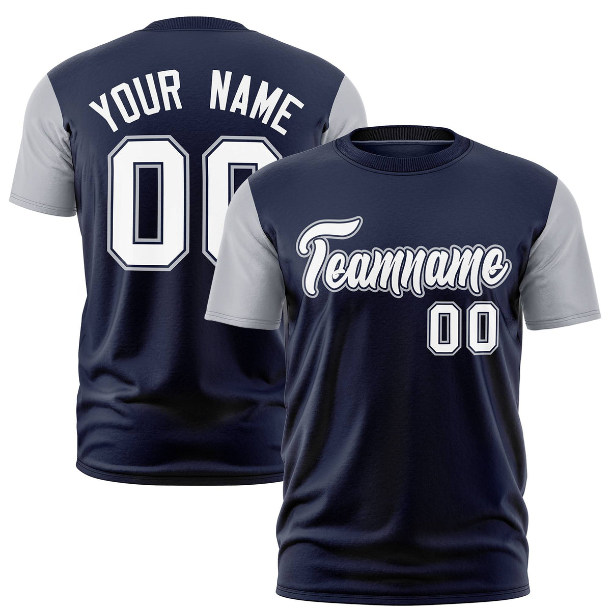 Custom Navy Gray White Crew Neck Personalized Raglan Sleeve Performance T-shirt