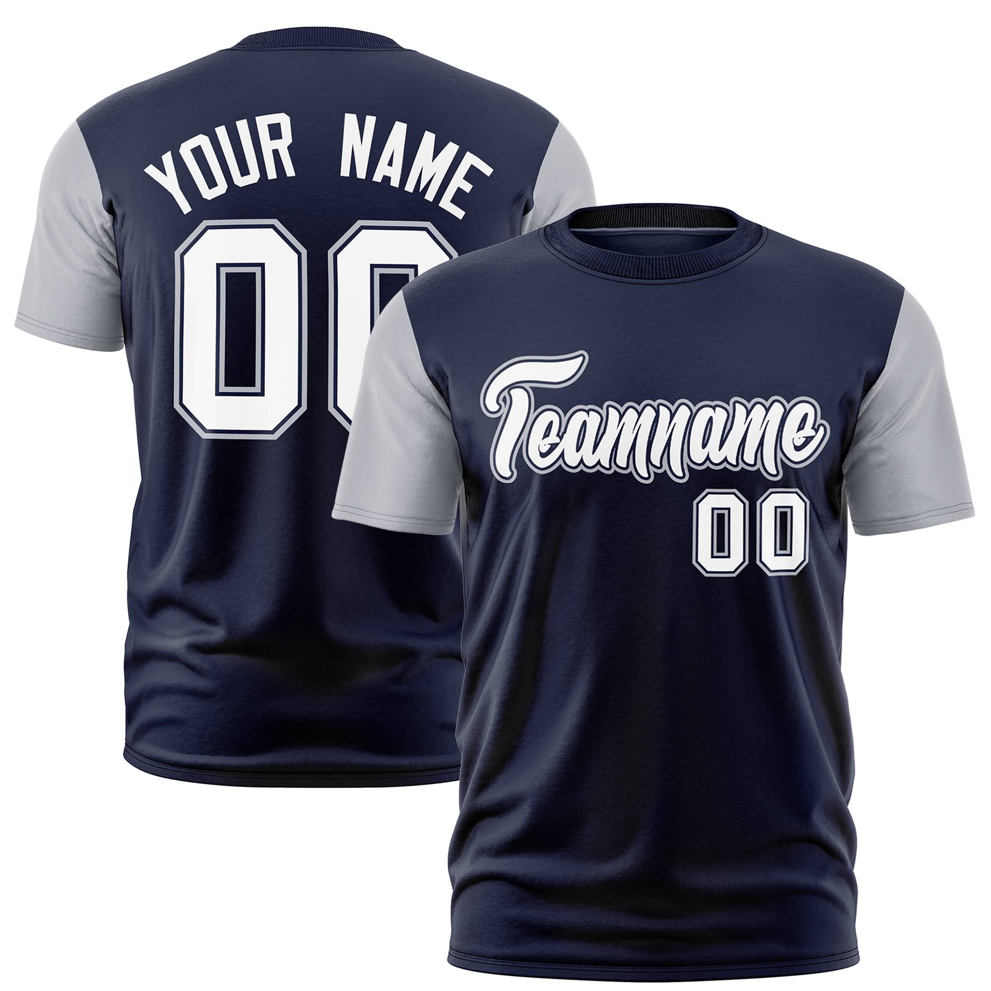 Custom Navy Gray White Crew Neck Personalized Raglan Sleeve Performance T-shirt