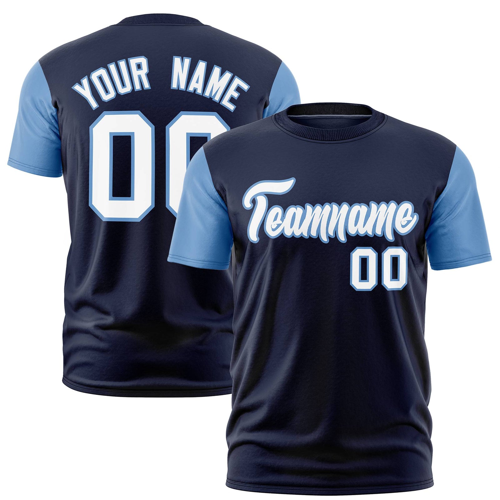 Custom Navy Light Blue White Crew Neck Personalized Raglan Sleeve Performance T-shirt