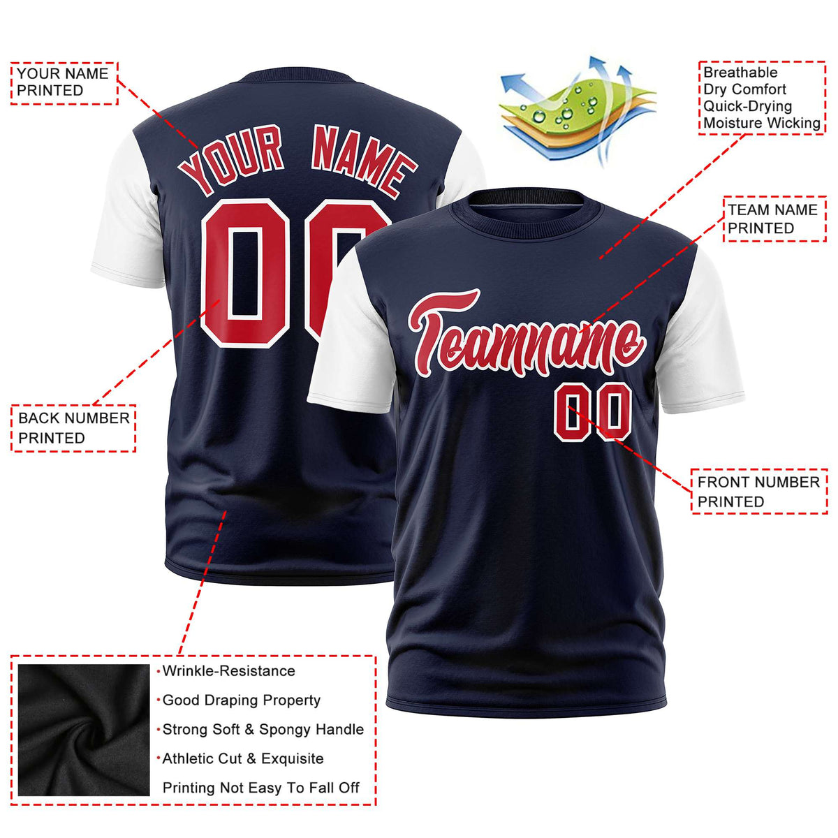 Custom Navy White Red Crew Neck Personalized Raglan Sleeve Performance T-shirt