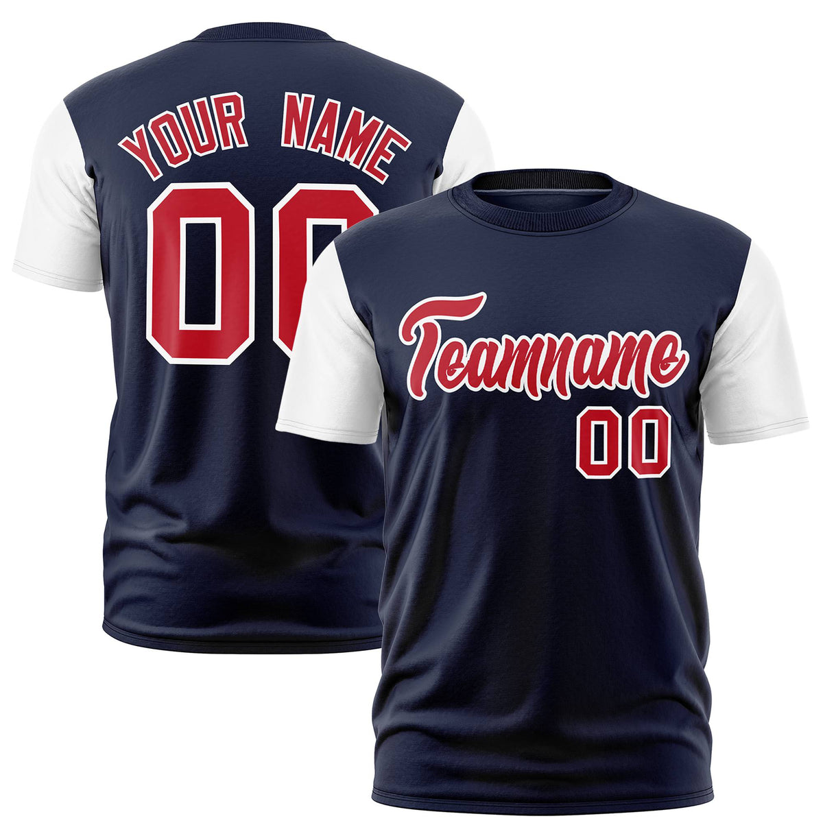 Custom Navy White Red Crew Neck Personalized Raglan Sleeve Performance T-shirt