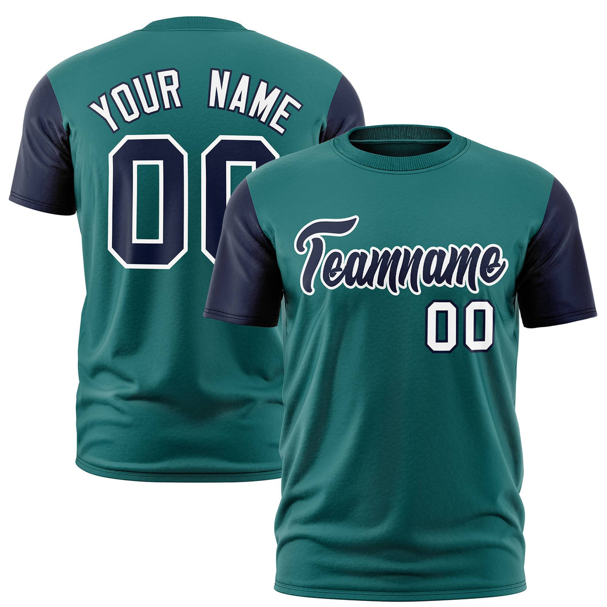 Custom Midnight Green Navy White Crew Neck Personalized Raglan Sleeve Performance T-shirt