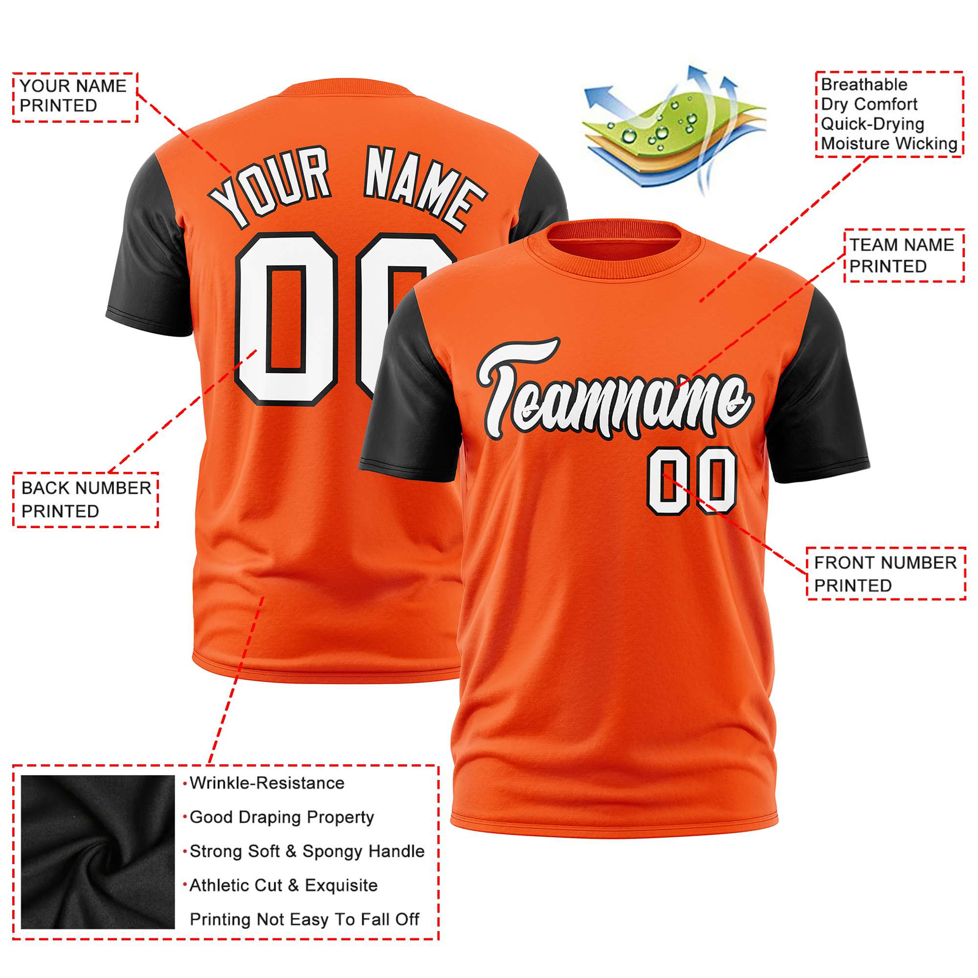 Custom Orange Black White Crew Neck Personalized Raglan Sleeve Performance T-shirt