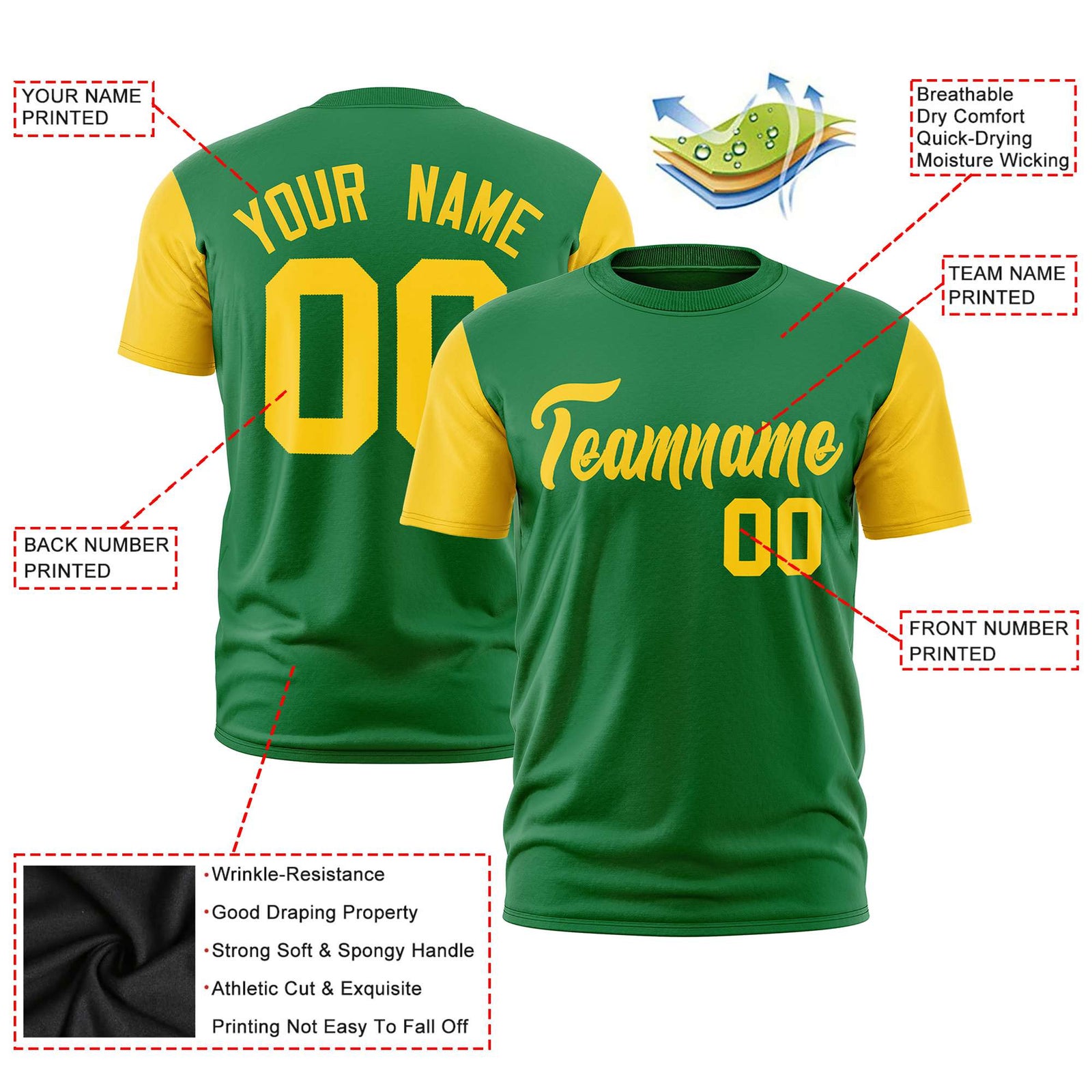 Custom Kelly Green Gold01 Crew Neck Personalized Raglan Sleeve Performance T-shirt