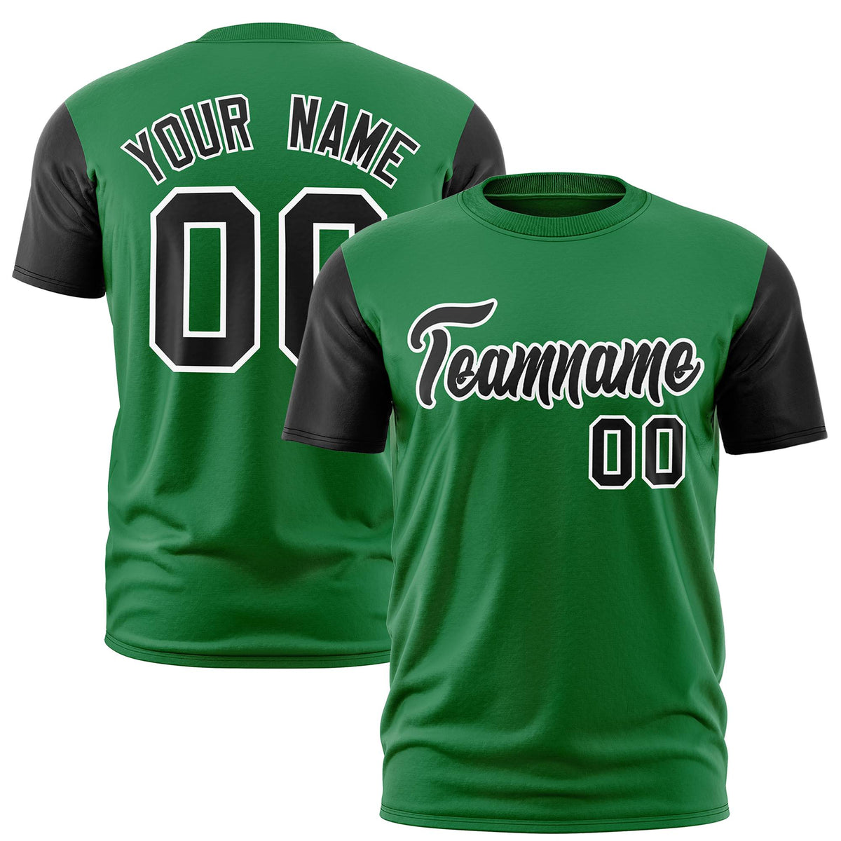 Custom Kelly Green Black White Crew Neck Personalized Raglan Sleeve Performance T-shirt