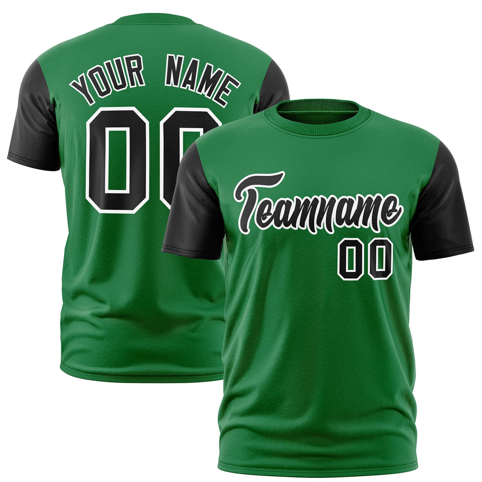 Custom Kelly Green Black White Crew Neck Personalized Raglan Sleeve Performance T-shirt