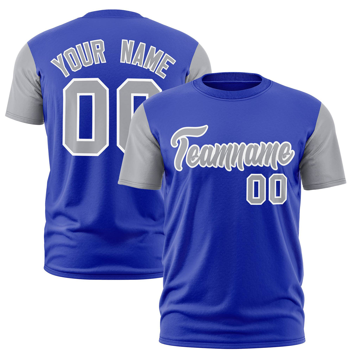 Custom Royal Blue Gray White Crew Neck Personalized Raglan Sleeve Performance T-shirt
