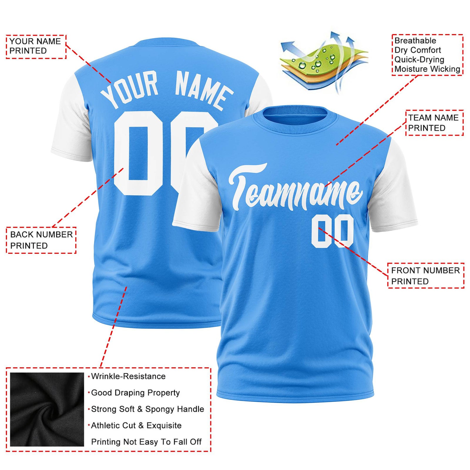 Custom Powder Blue White Crew Neck Personalized Raglan Sleeve Performance T-shirt
