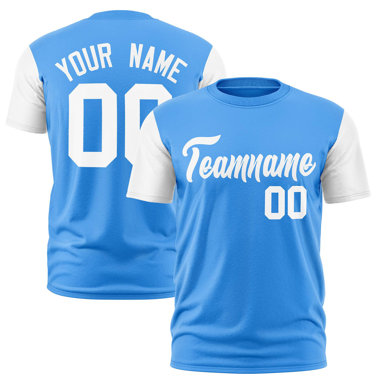 Custom Powder Blue White Crew Neck Personalized Raglan Sleeve Performance T-shirt