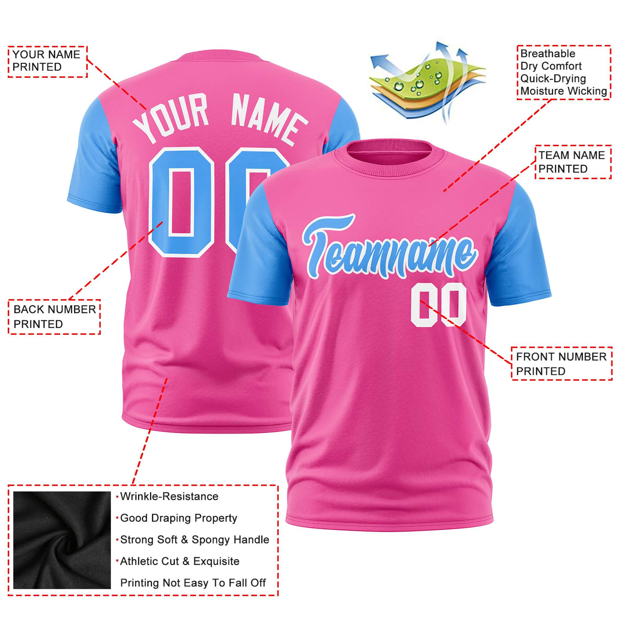 Custom Pink Powder Blue White Crew Neck Personalized Raglan Sleeve Performance T-shirt