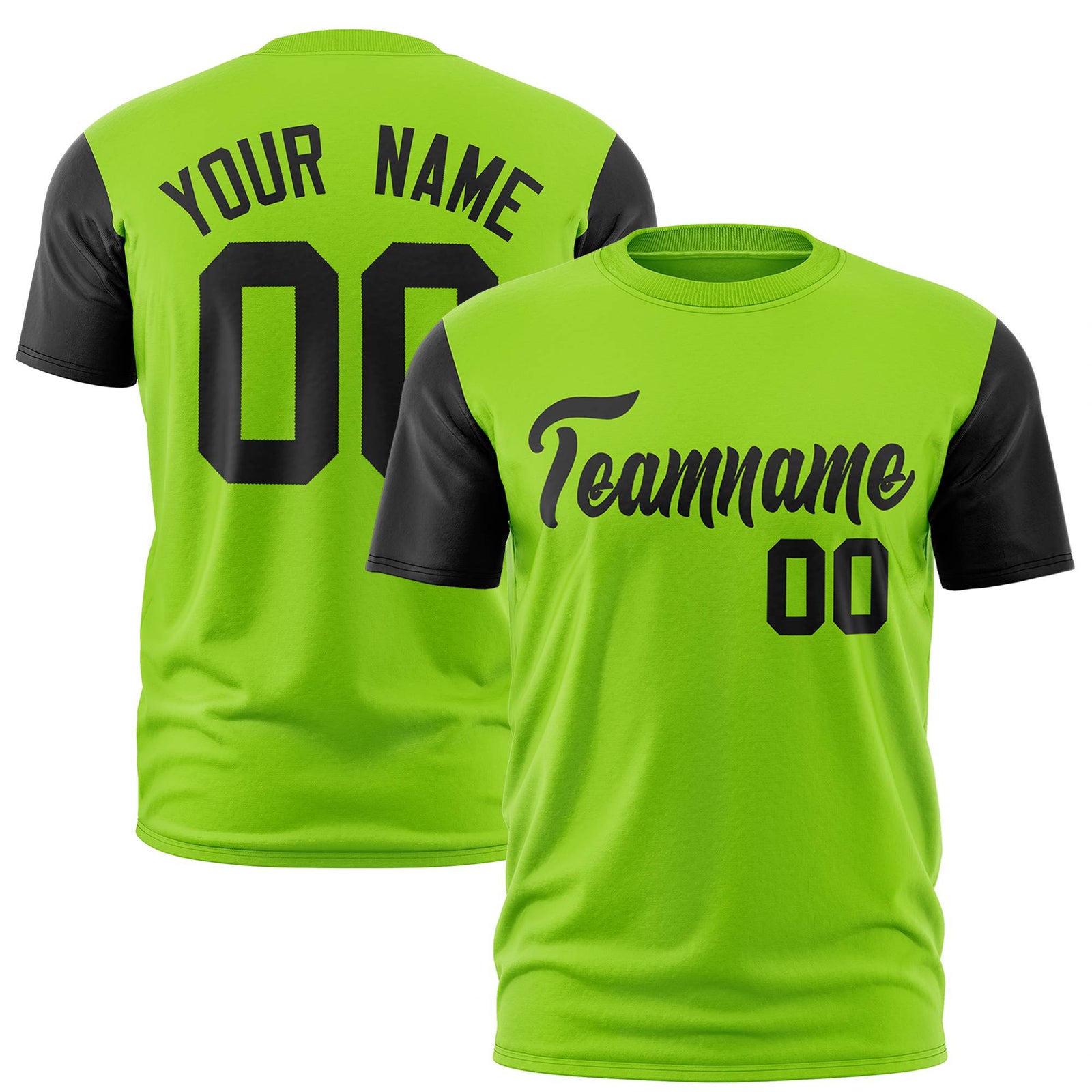 Custom Neon Green Black Crew Neck Personalized Raglan Sleeve Performance T-shirt