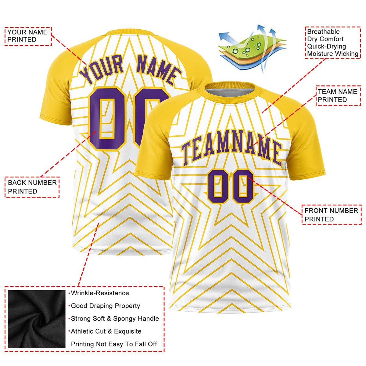 Custom White Gold Personalized Star Pattern Raglan Sleeves Performance T-Shirt