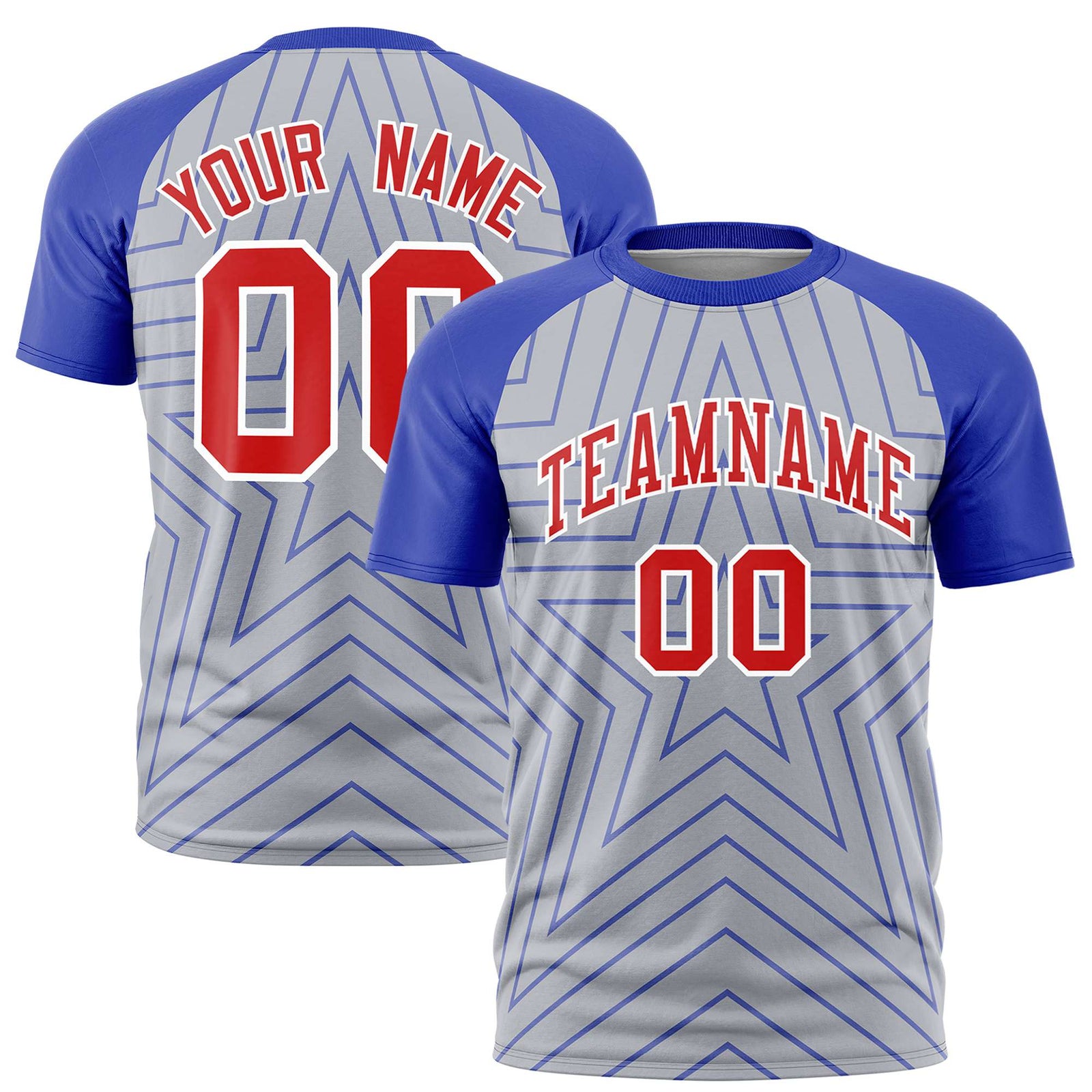 Custom Gray Royal Blue Personalized Star Pattern Raglan Sleeves Performance T-Shirt