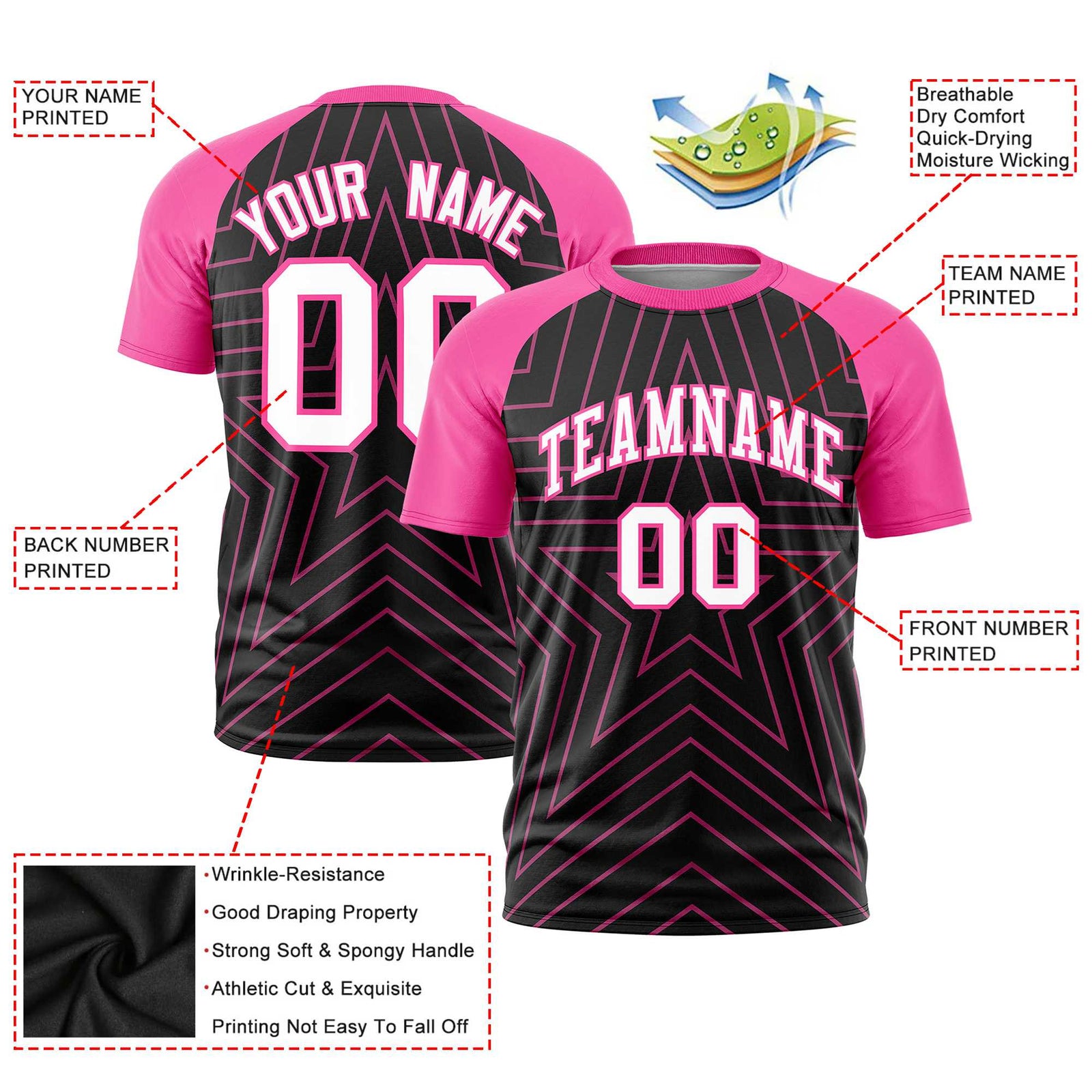 Custom Black Pink Personalized Star Pattern Raglan Sleeves Performance T-Shirt