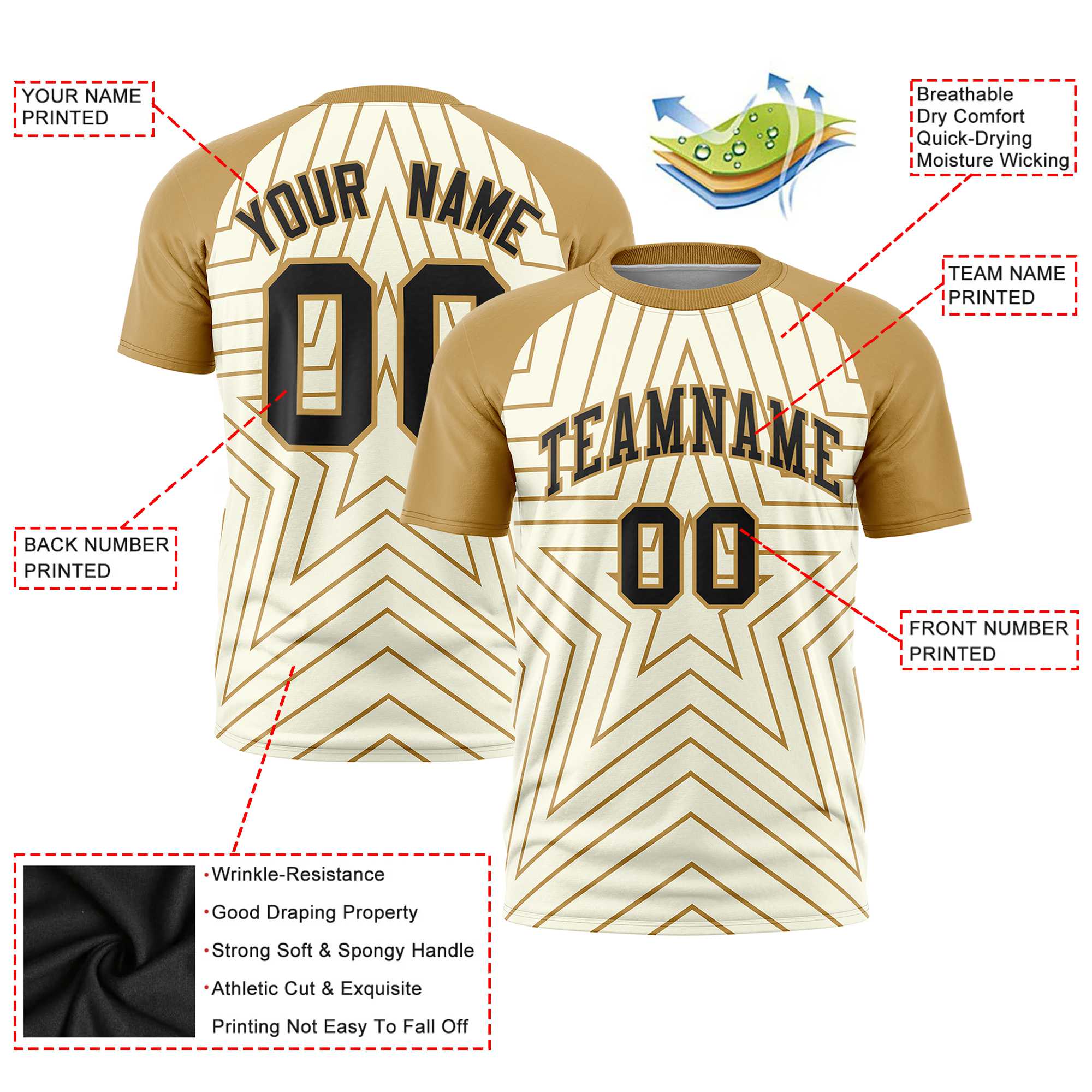 Custom Khaki Old Gold Personalized Star Pattern Raglan Sleeves Performance T-Shirt