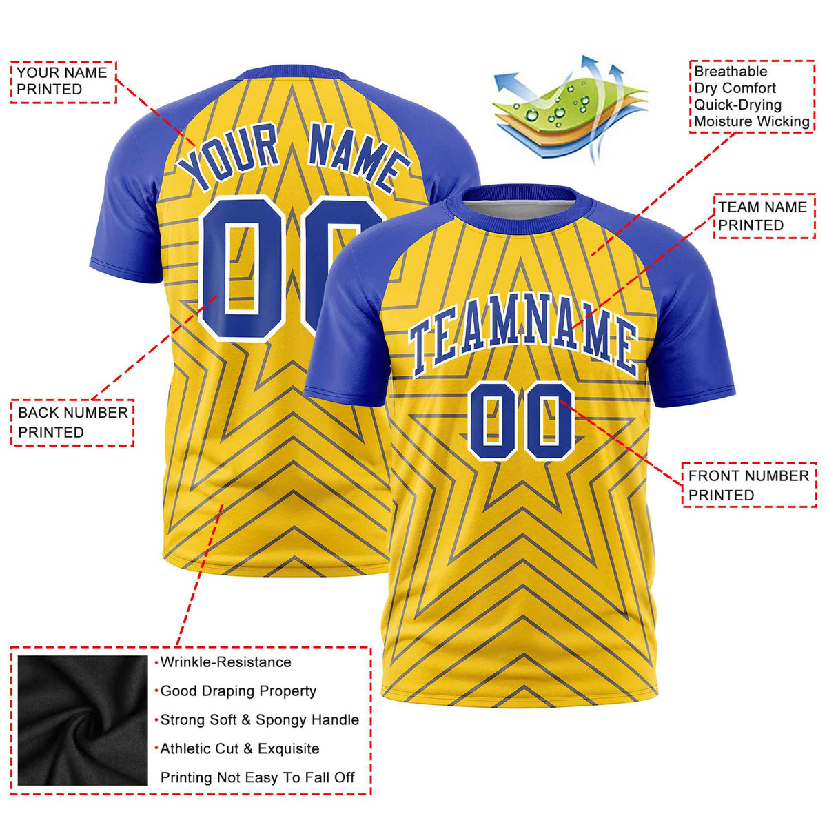 Custom Gold Royal Blue Personalized Star Pattern Raglan Sleeves Performance T-Shirt