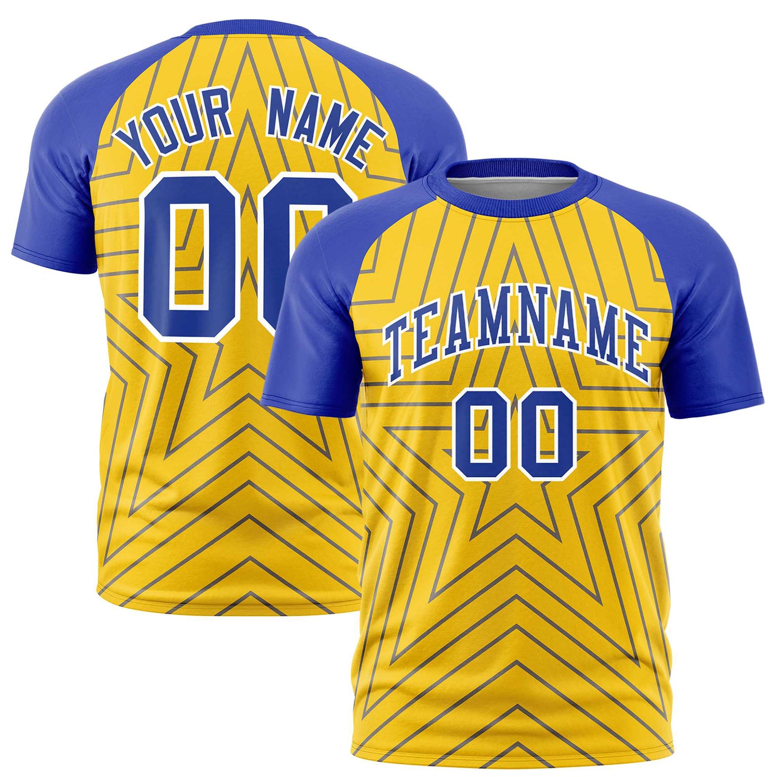 Custom Gold Royal Blue Personalized Star Pattern Raglan Sleeves Performance T-Shirt