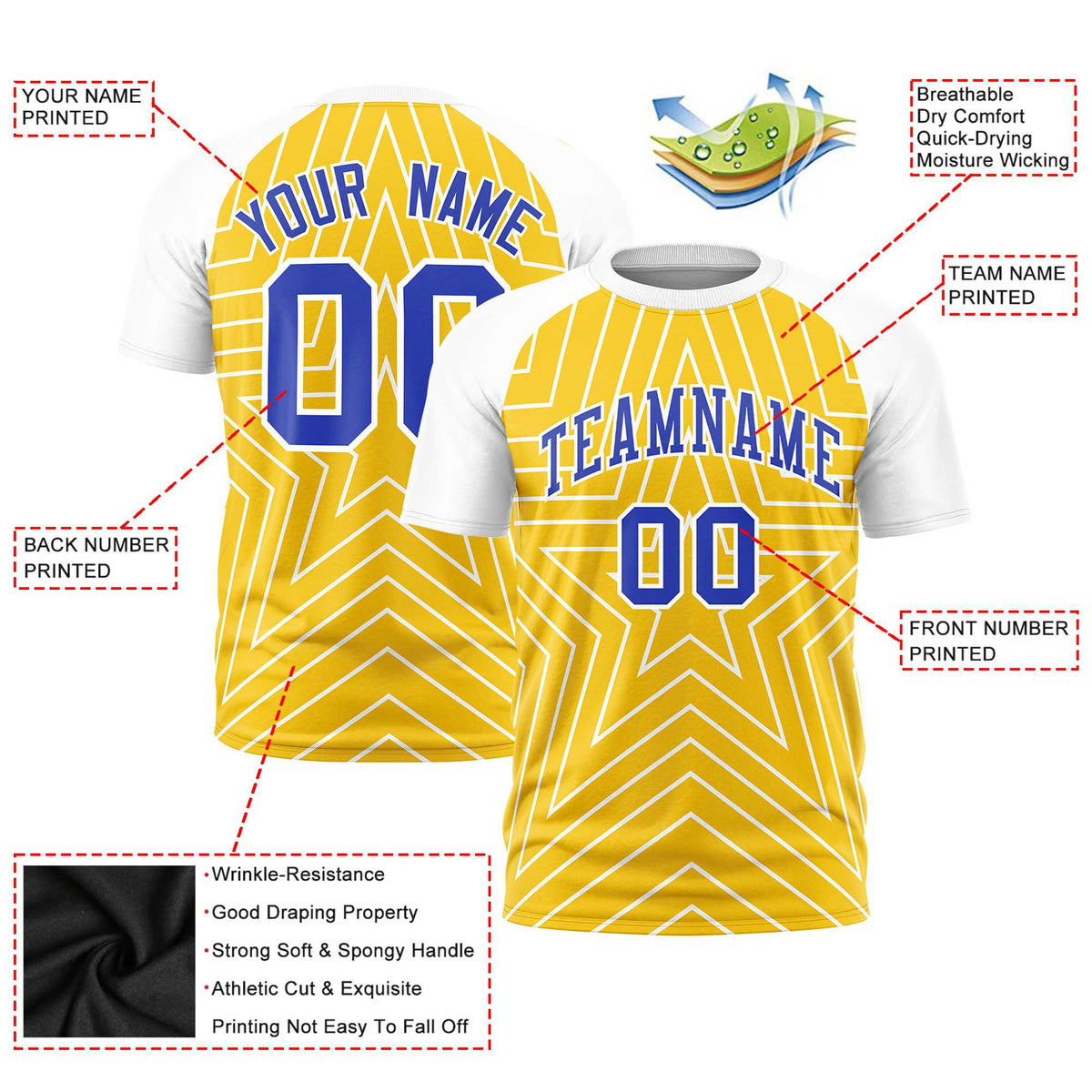 Custom Gold White Personalized Star Pattern Raglan Sleeves Performance T-Shirt