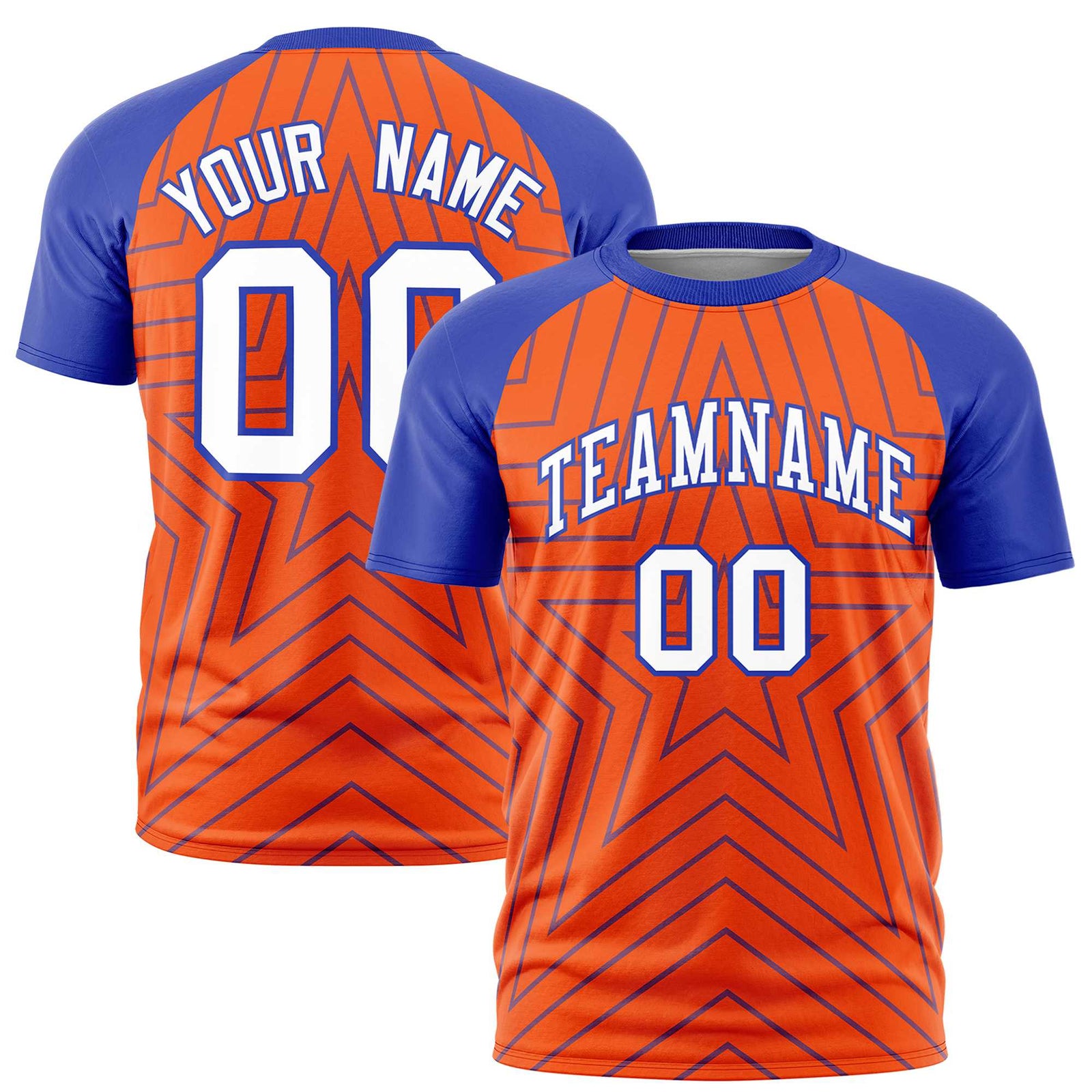 Custom Orange Royal Blue Personalized Star Pattern Raglan Sleeves Performance T-Shirt