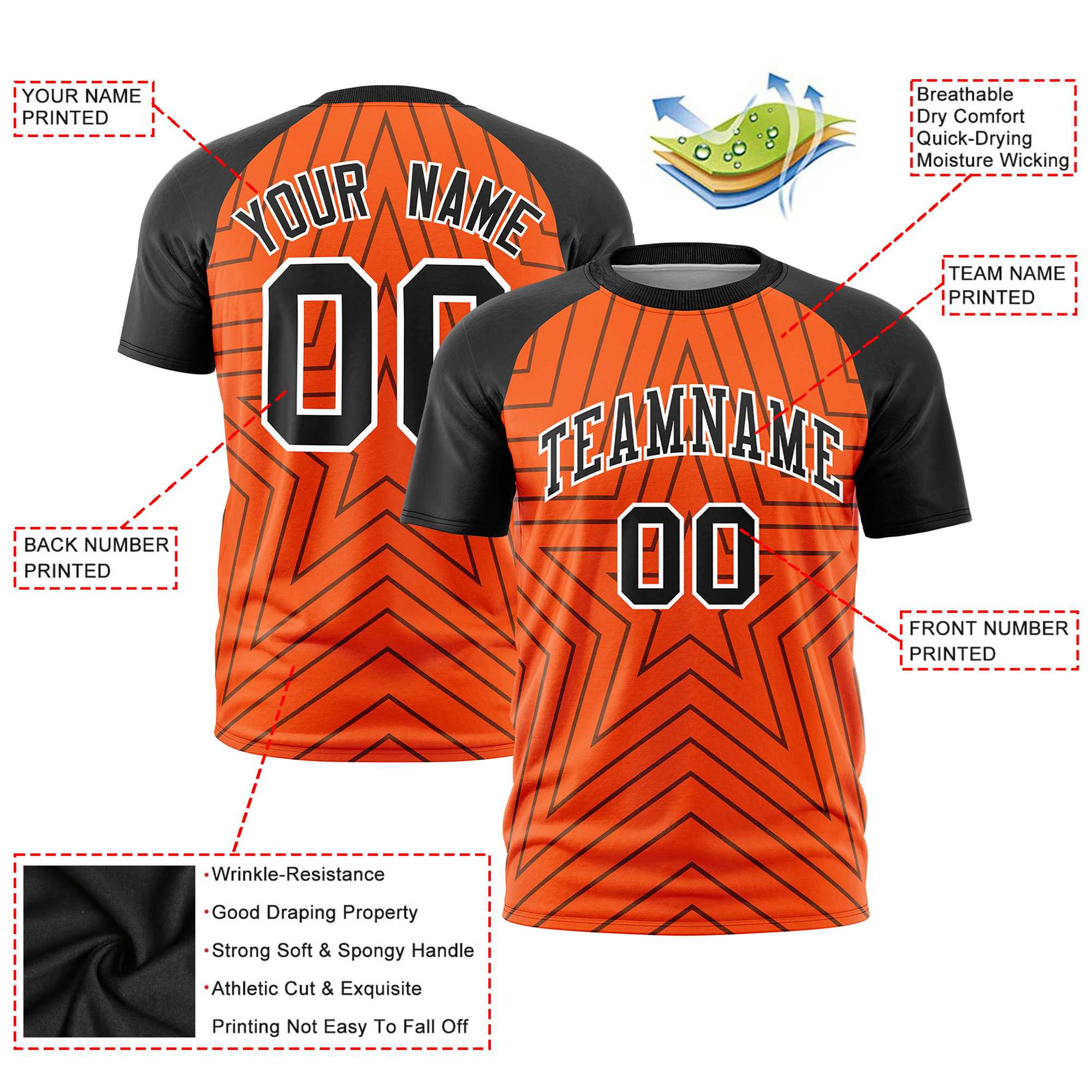 Custom Orange Black Personalized Star Pattern Raglan Sleeves Performance T-Shirt