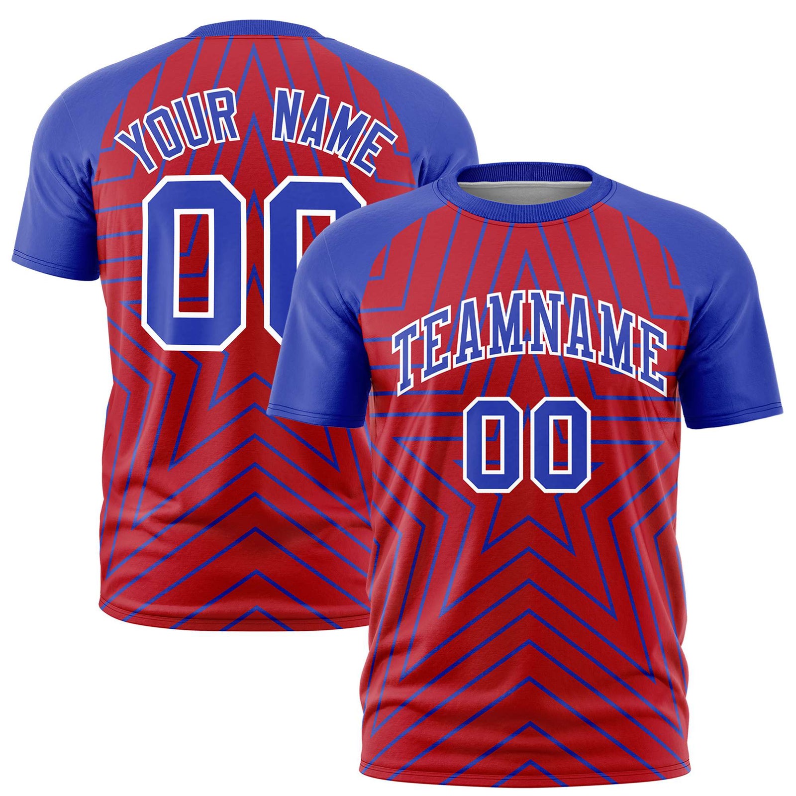 Custom Red Royal Blue Personalized Star Pattern Raglan Sleeves Performance T-Shirt