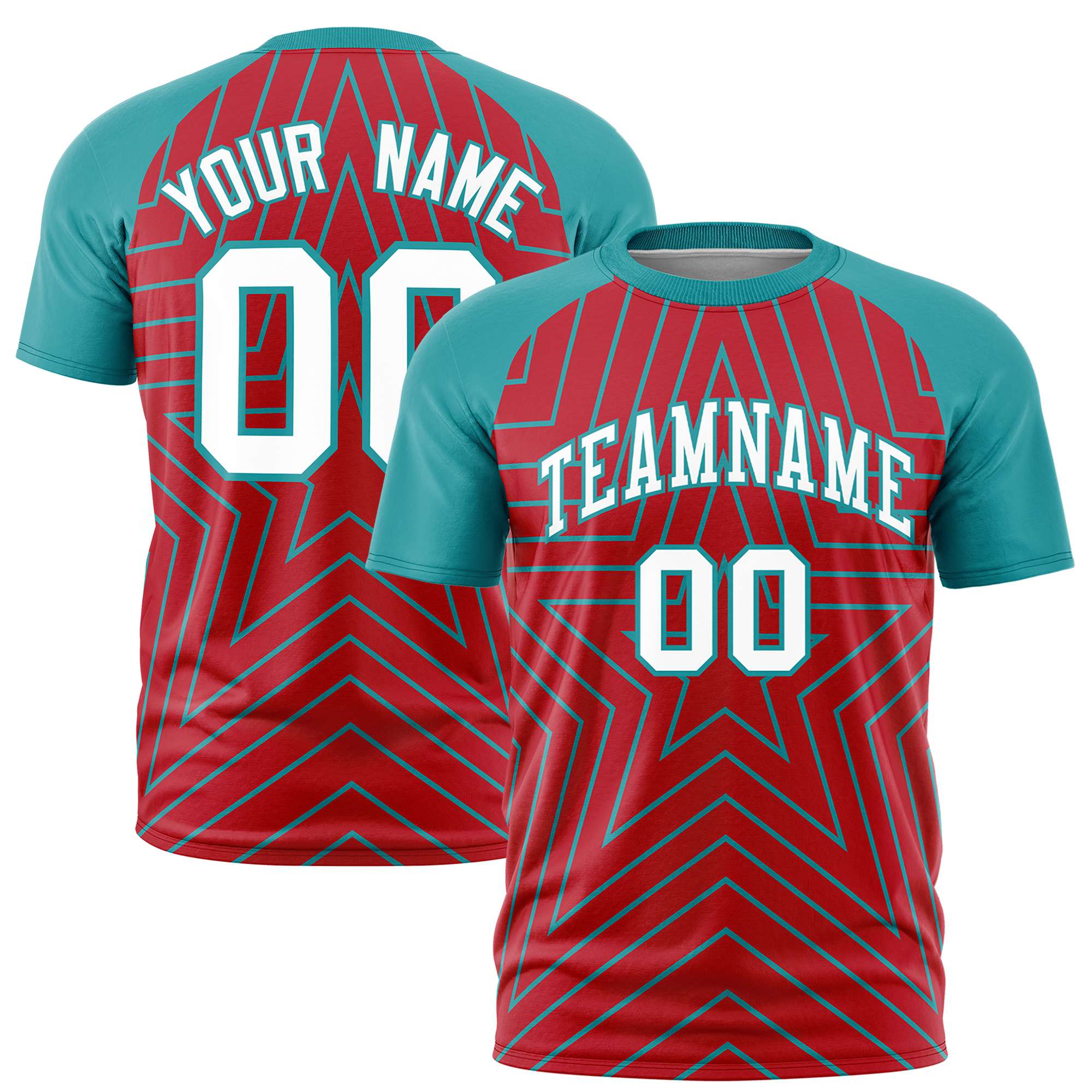 Custom Red Aqua Personalized Star Pattern Raglan Sleeves Performance T-Shirt