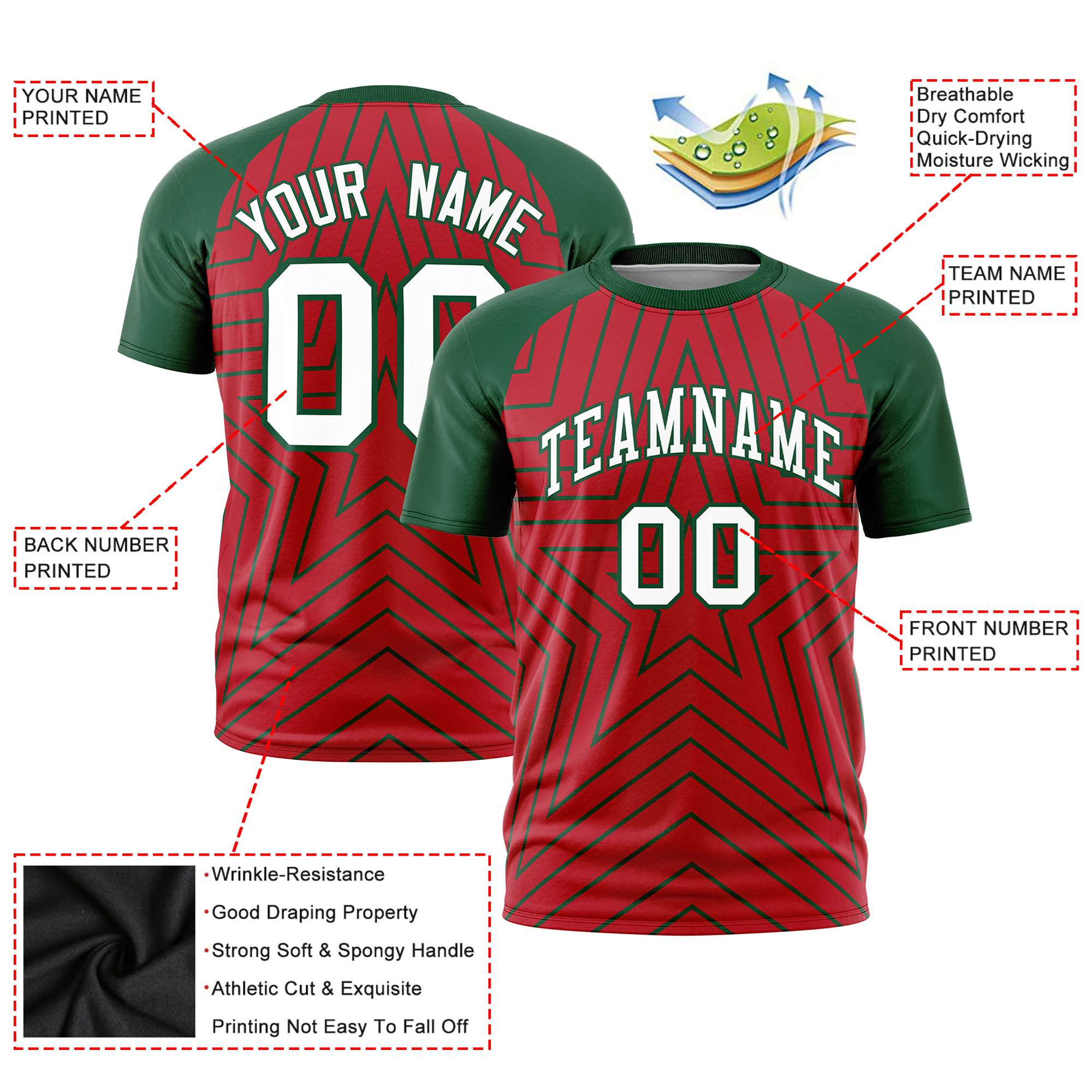 Custom Red Green Personalized Star Pattern Raglan Sleeves Performance T-Shirt