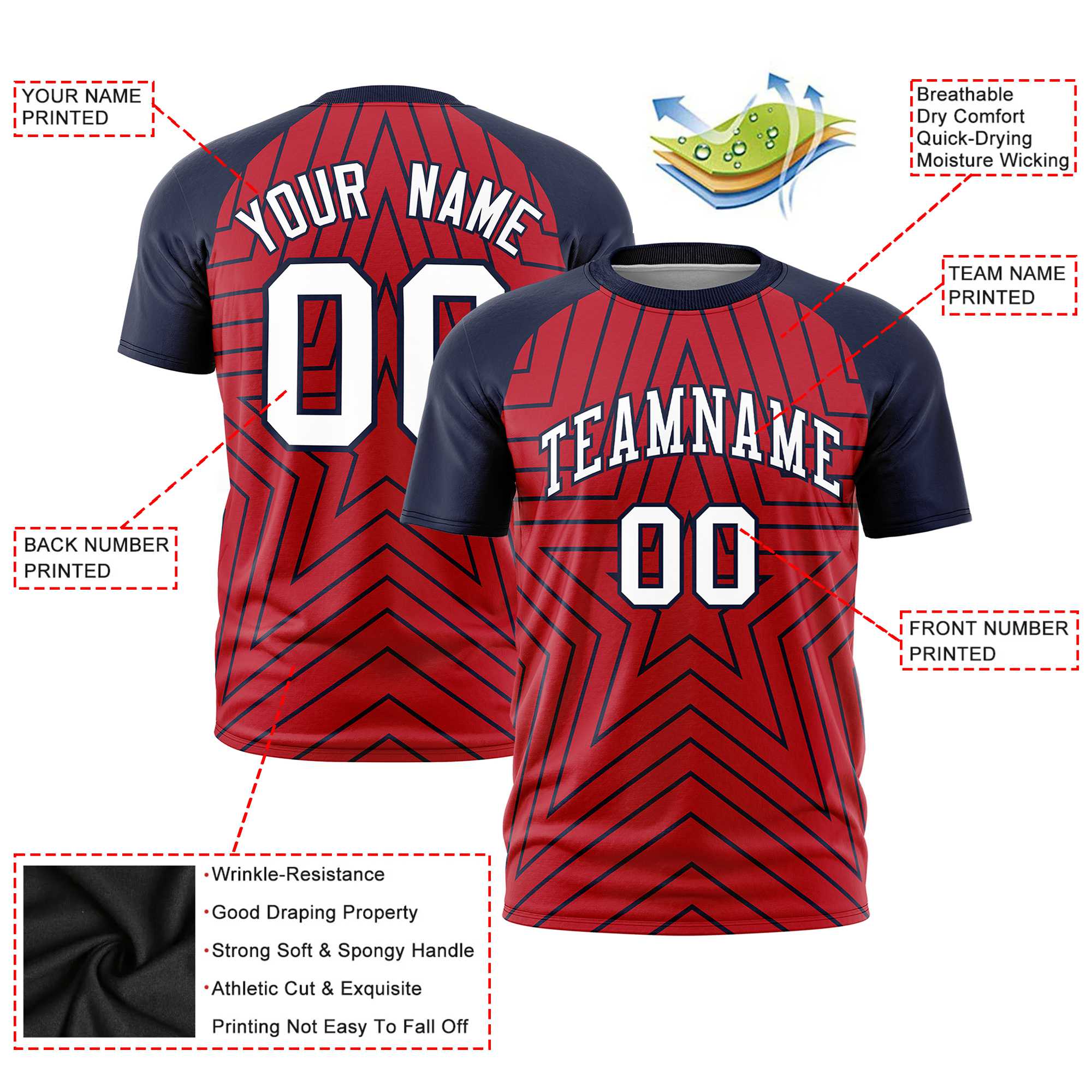 Custom Red Navy Personalized Star Pattern Raglan Sleeves Performance T-Shirt