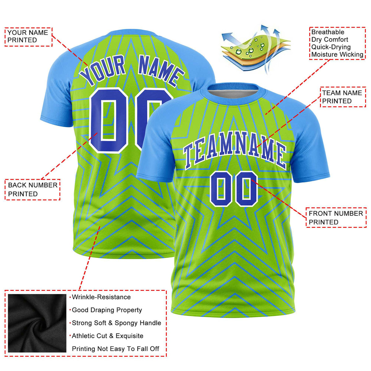 Custom Neon Green Powder Blue Personalized Star Pattern Raglan Sleeves Performance T-Shirt