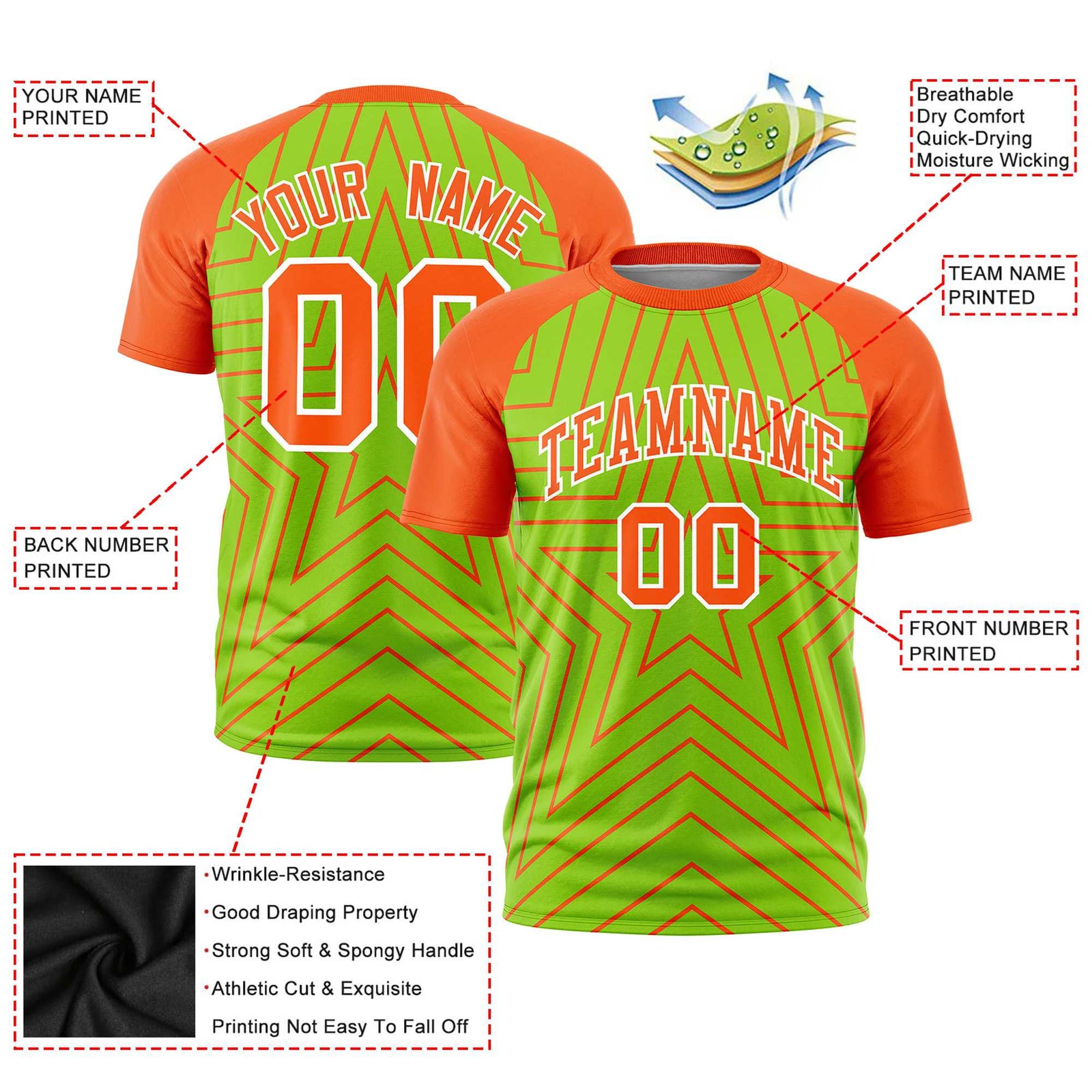 Custom Neon Green Orange Personalized Star Pattern Raglan Sleeves Performance T-Shirt