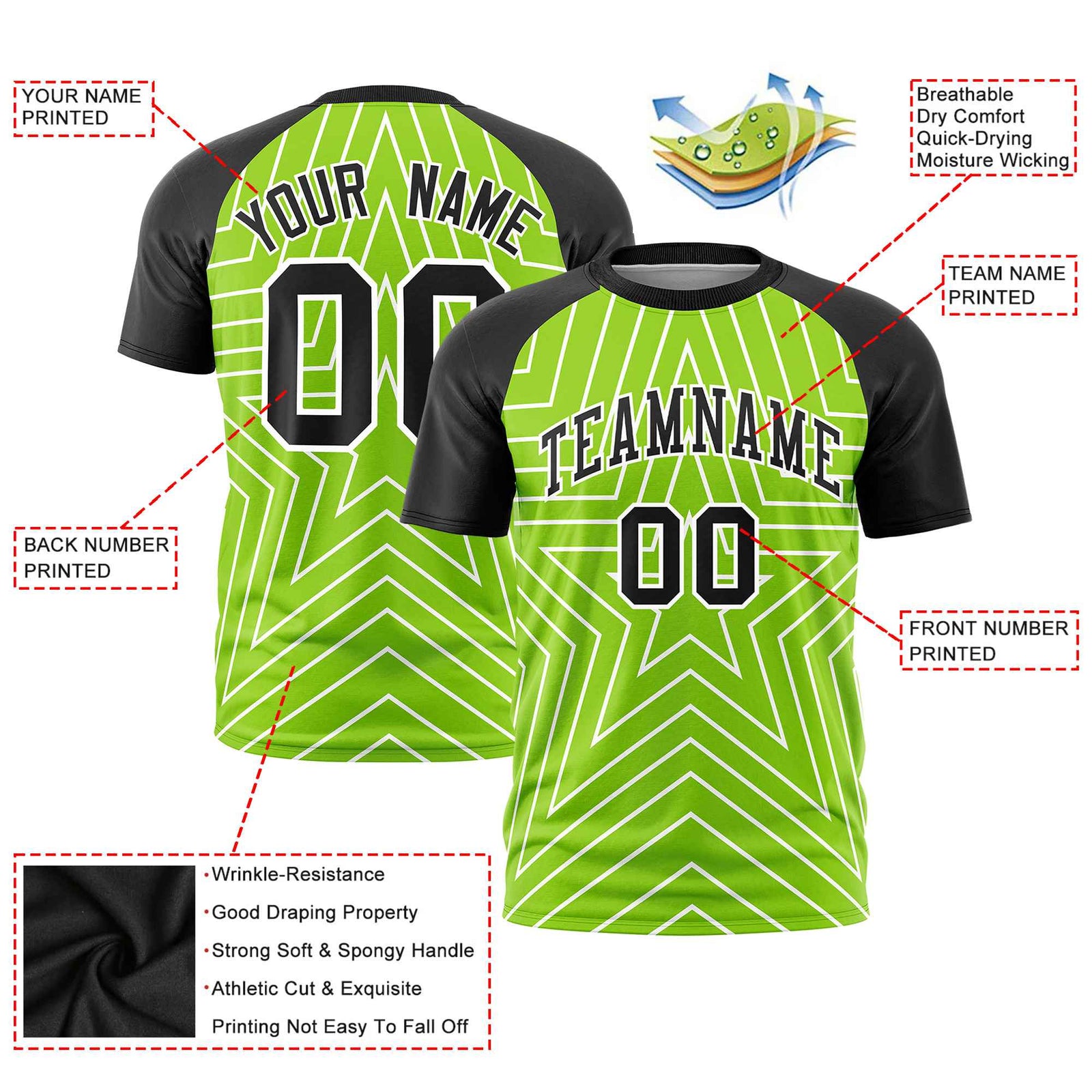 Custom Neon Green Black Personalized Star Pattern Raglan Sleeves Performance T-Shirt