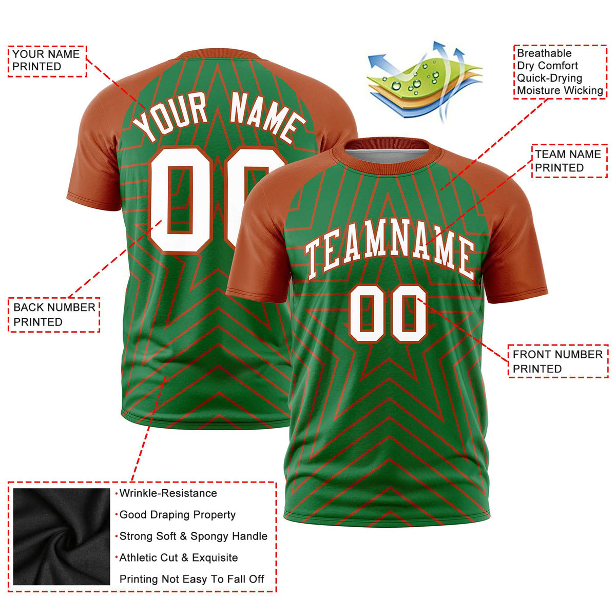 Custom Kelly Green Munsell Personalized Star Pattern Raglan Sleeves Performance T-Shirt