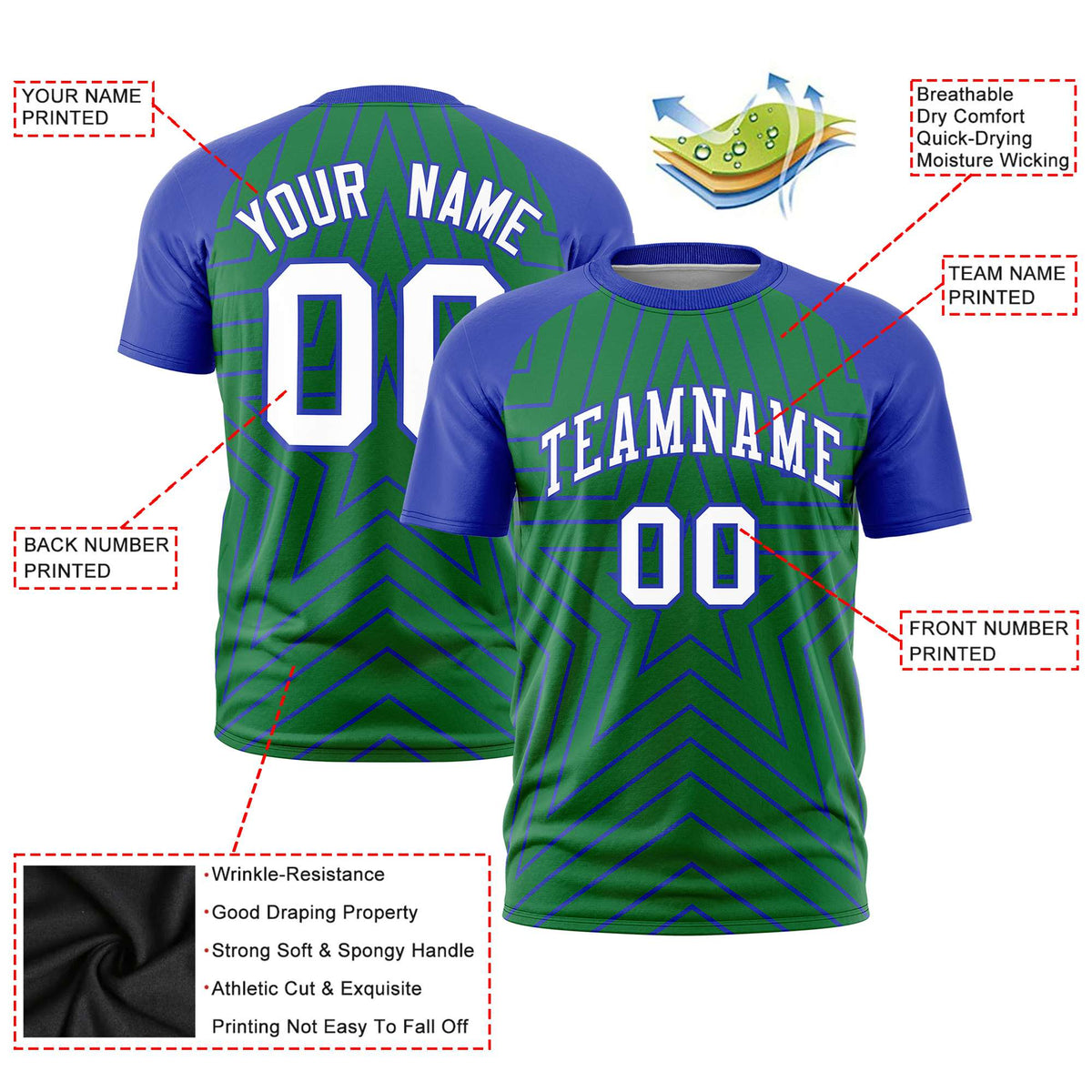 Custom Kelly Green Royal Blue Personalized Star Pattern Raglan Sleeves Performance T-Shirt