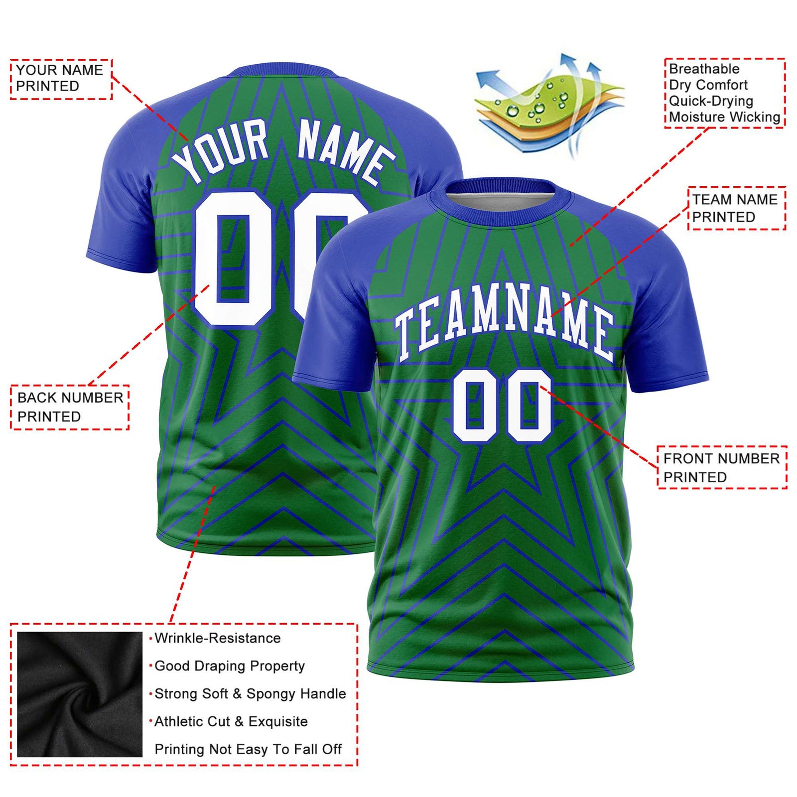 Custom Kelly Green Royal Blue Personalized Star Pattern Raglan Sleeves Performance T-Shirt