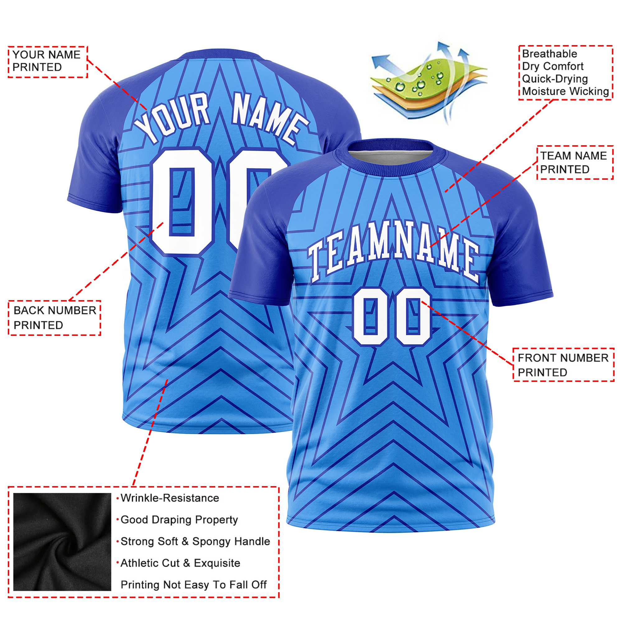 Custom Powder Blue Royal Blue Personalized Star Pattern Raglan Sleeves Performance T-Shirt