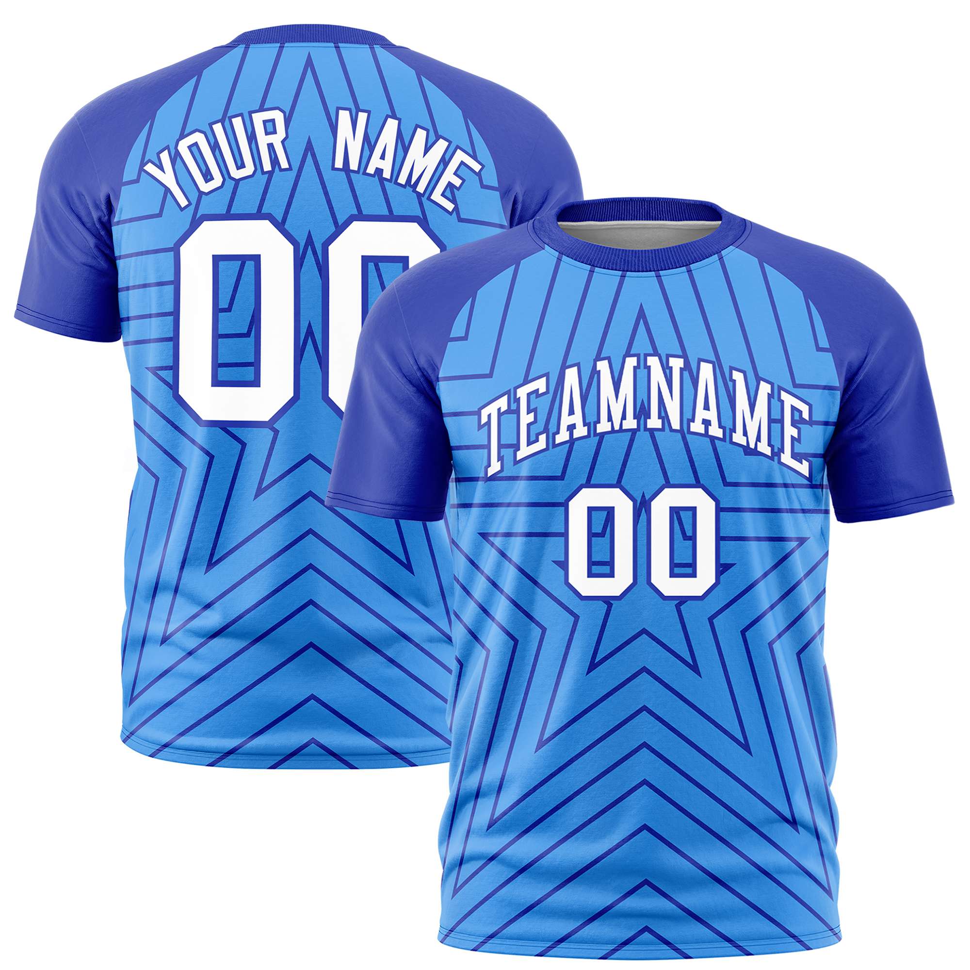 Custom Powder Blue Royal Blue Personalized Star Pattern Raglan Sleeves Performance T-Shirt