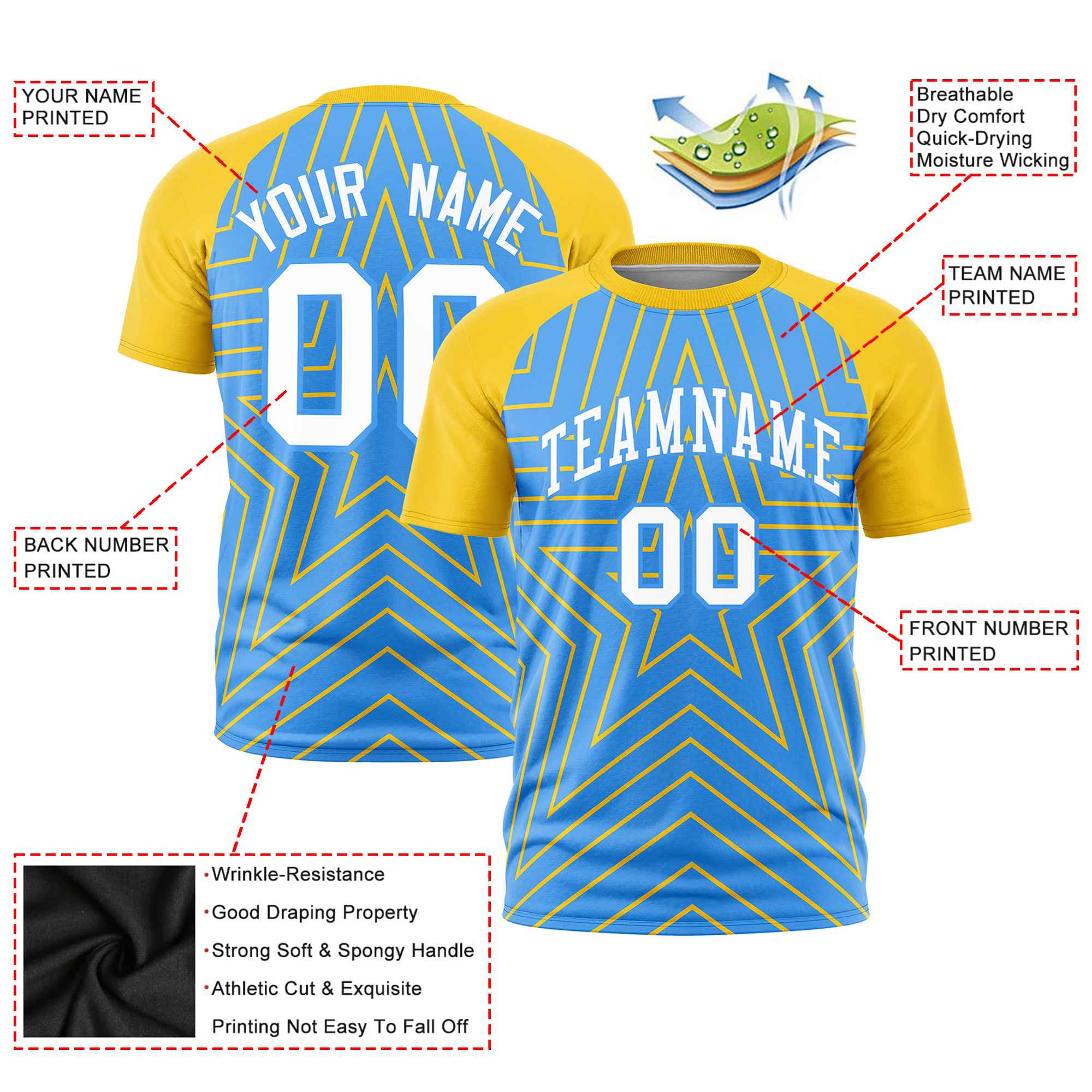 Custom Powder Blue Gold Personalized Star Pattern Raglan Sleeves Performance T-Shirt