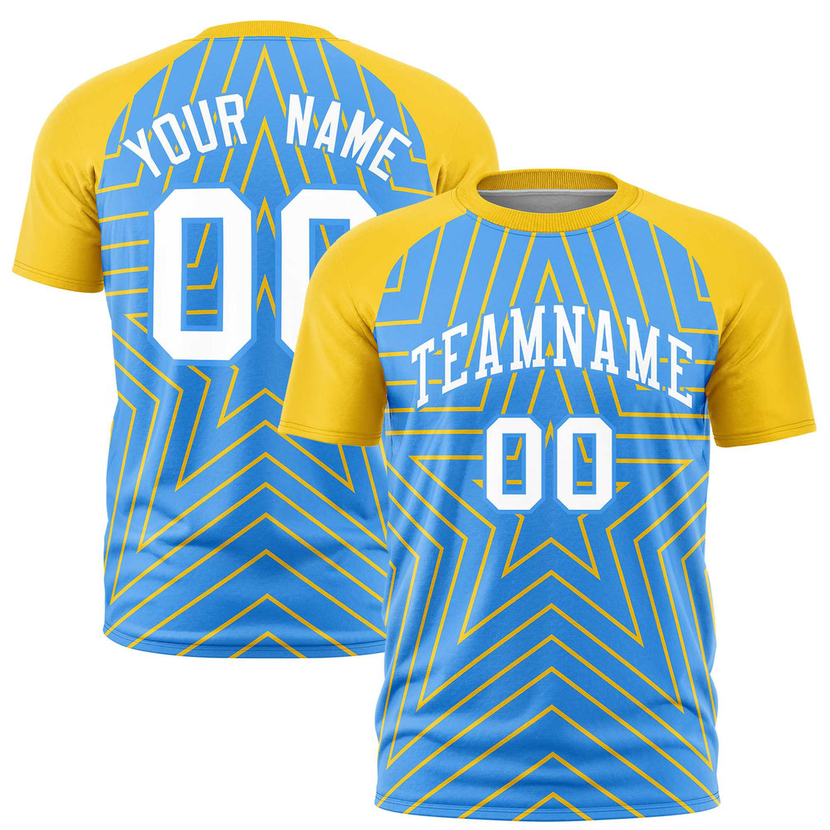 Custom Powder Blue Gold Personalized Star Pattern Raglan Sleeves Performance T-Shirt