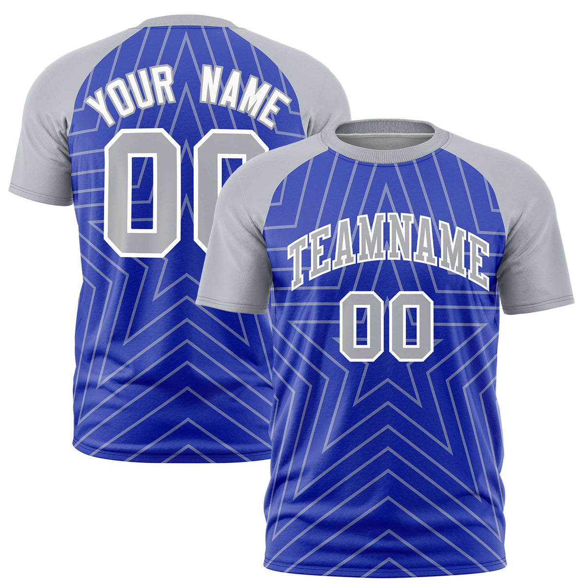 Custom Royal Blue Gray Personalized Star Pattern Raglan Sleeves Performance T-Shirt