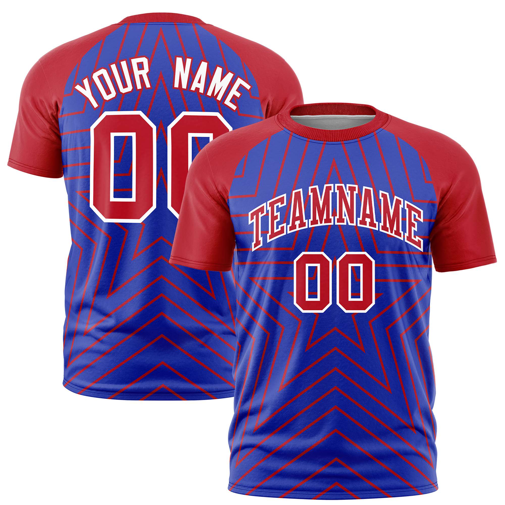 Custom Royal Blue Red Personalized Star Pattern Raglan Sleeves Performance T-Shirt