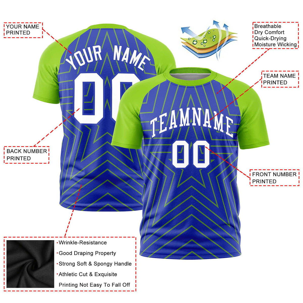 Custom Royal Blue Neon Green Personalized Star Pattern Raglan Sleeves Performance T-Shirt