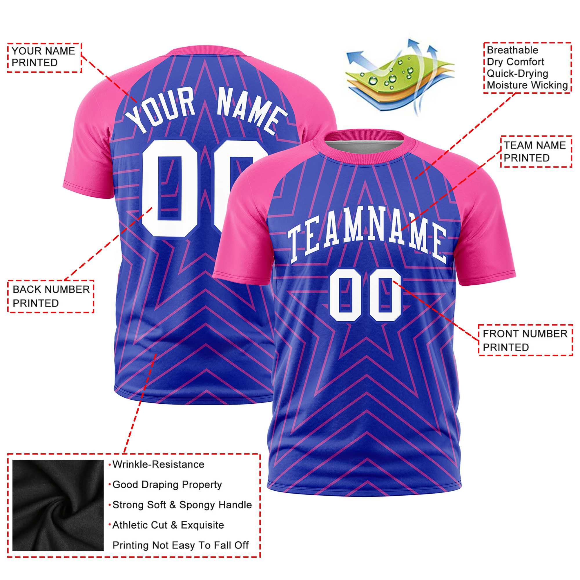 Custom Royal Blue Pink Personalized Star Pattern Raglan Sleeves Performance T-Shirt